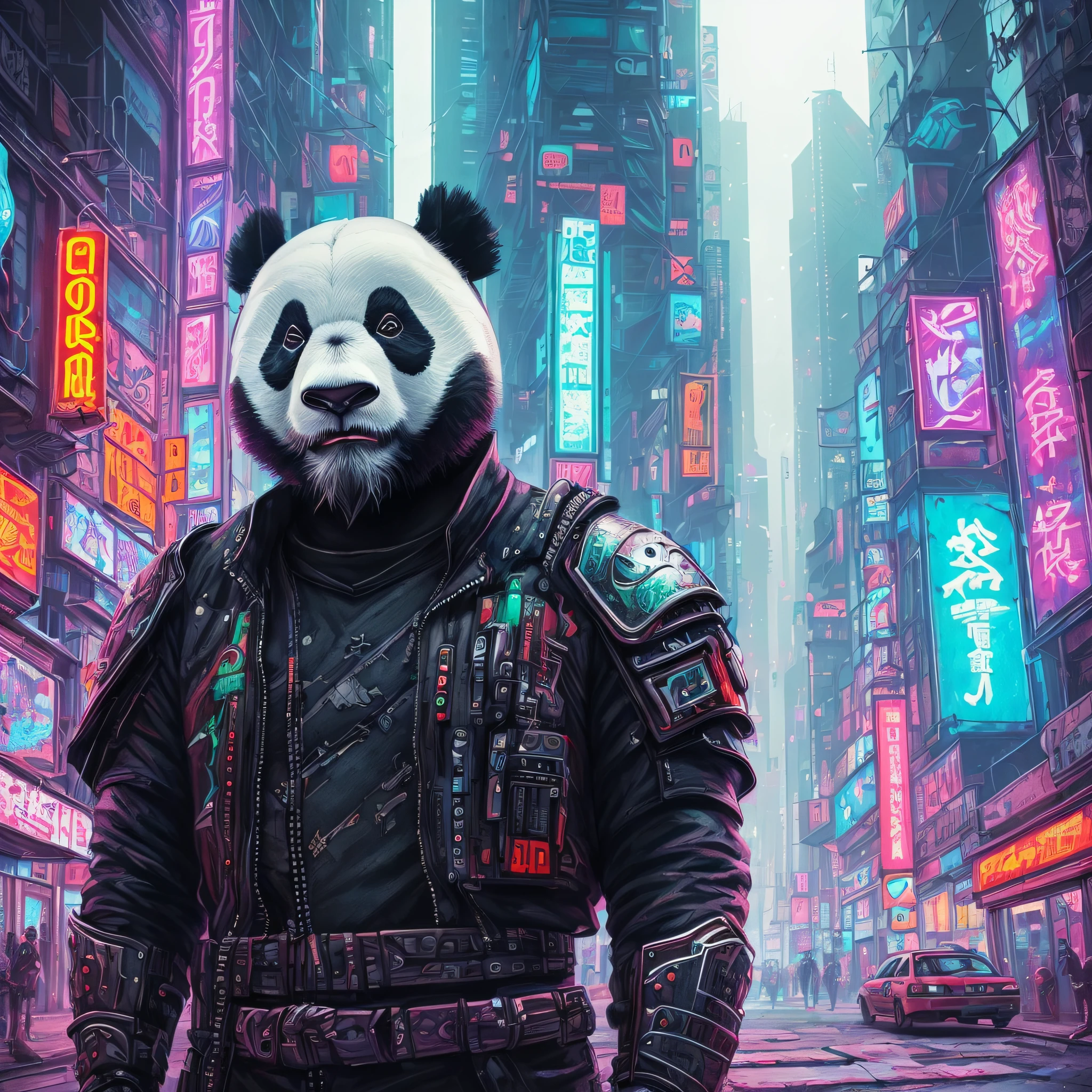 (hyperrealistic portrait of panda + cyberpunk city):(1.5) strong man, tatic black metal armor, panda mask, cyberpunk, cinematic light, purple neon light, green light, bokeh, rim light, cold color, night --auto