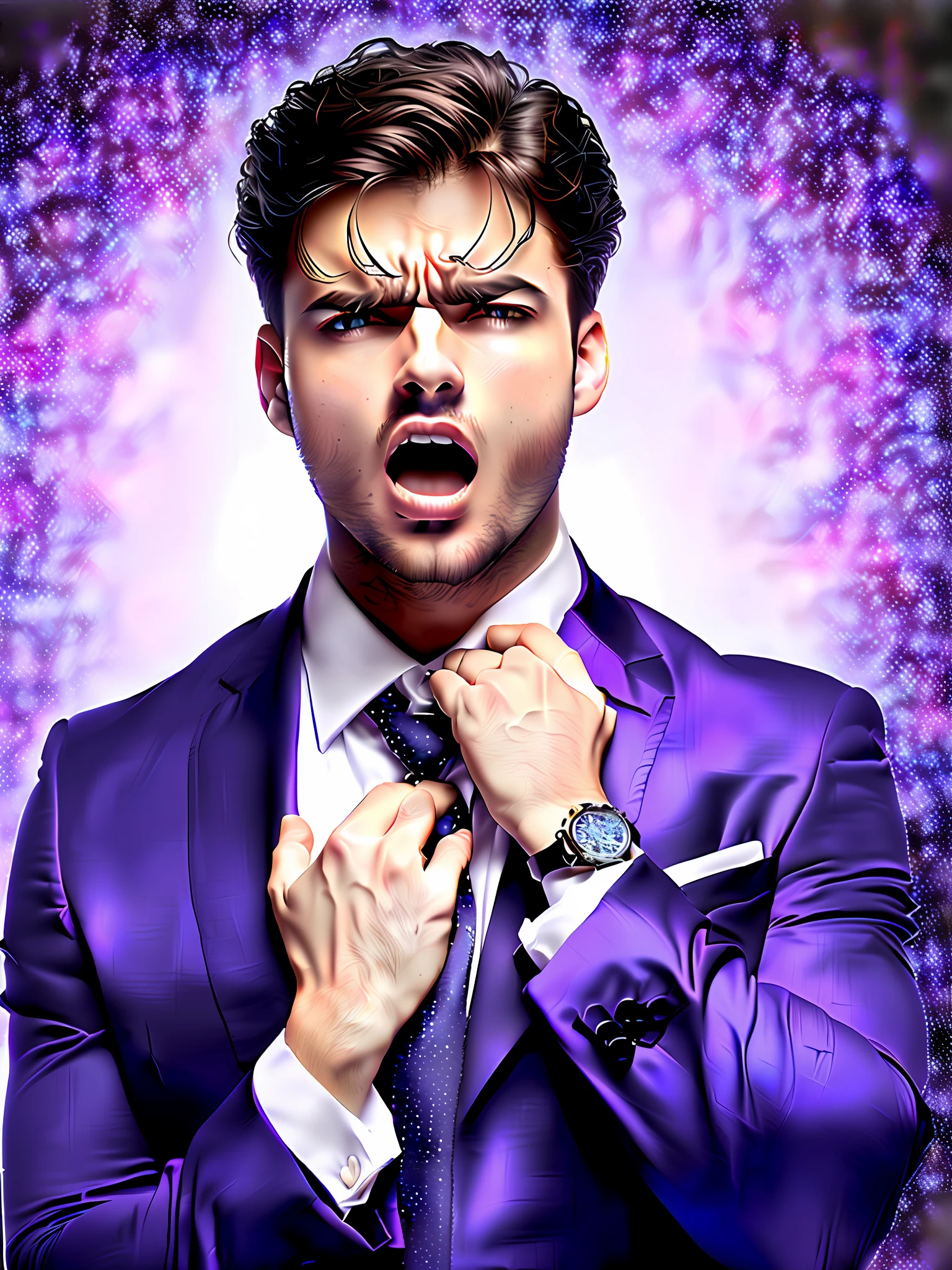 businessman fear open mouth Crisis purple colors hands in Head hair standing on end. image showing all business man's body and strong sparkles elements in the background
