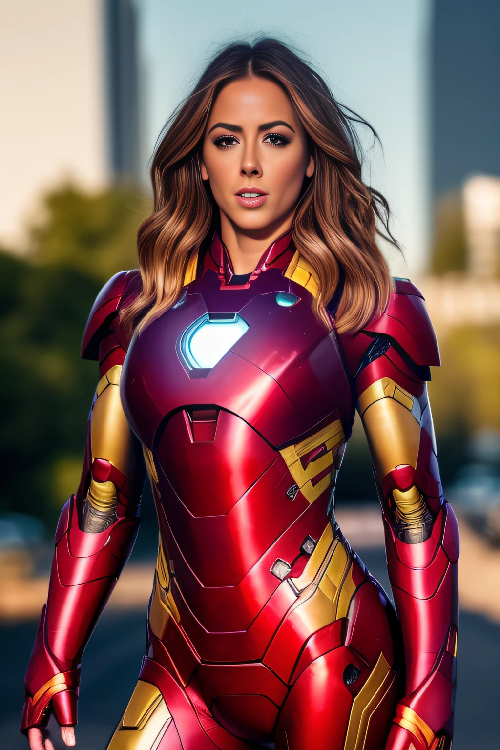 extremely detailed photo of a woman wearing iron man suit, lorachloe, large breasts, wide hips, 8k UHD, RAW photography, action shot