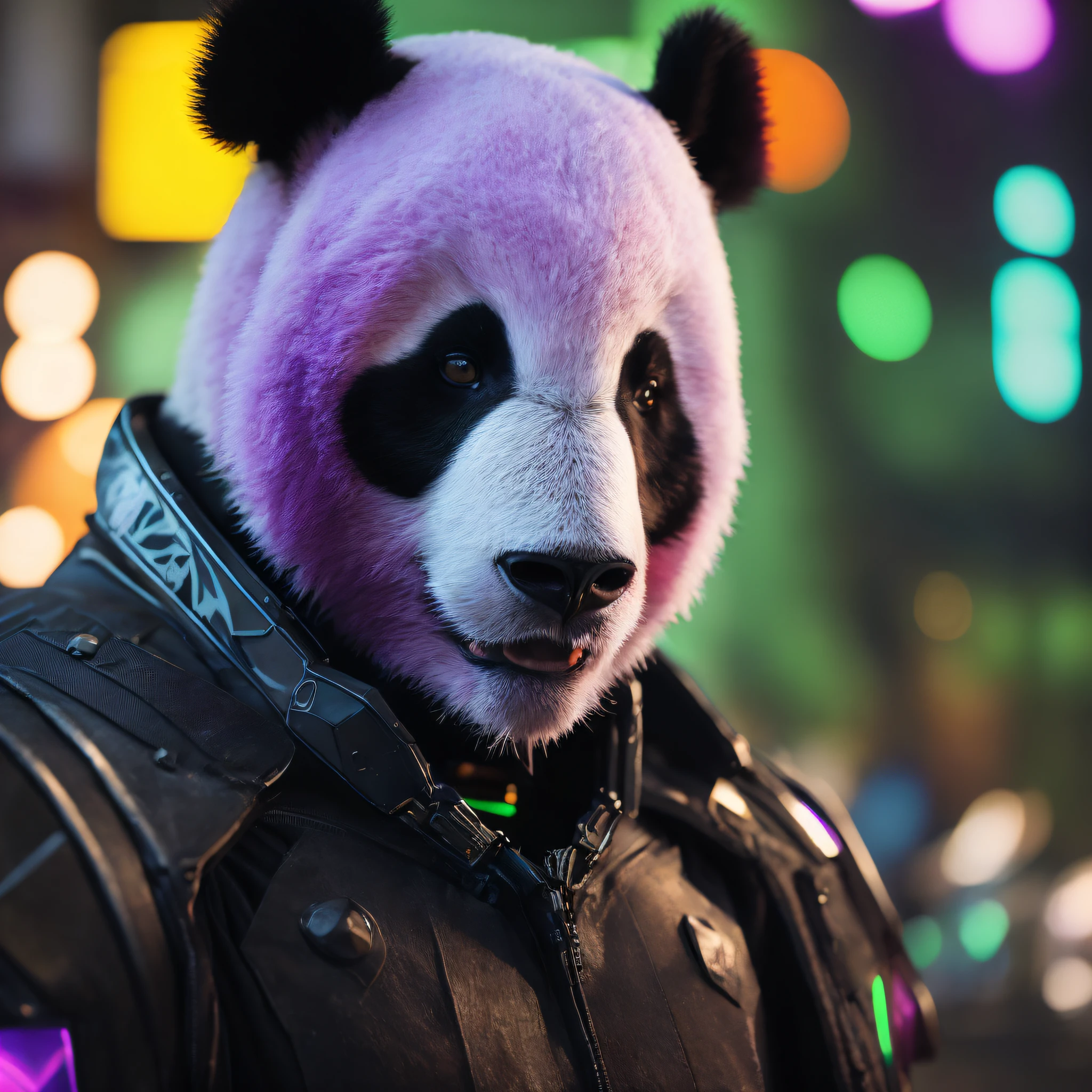 (hyperrealistic portrait of panda + cyberpunk city):(1.5) strong man, tatic black metal armor, panda mask, cyberpunk, cinematic light, purple neon light, green light, bokeh, rim light, cold color, night. --auto