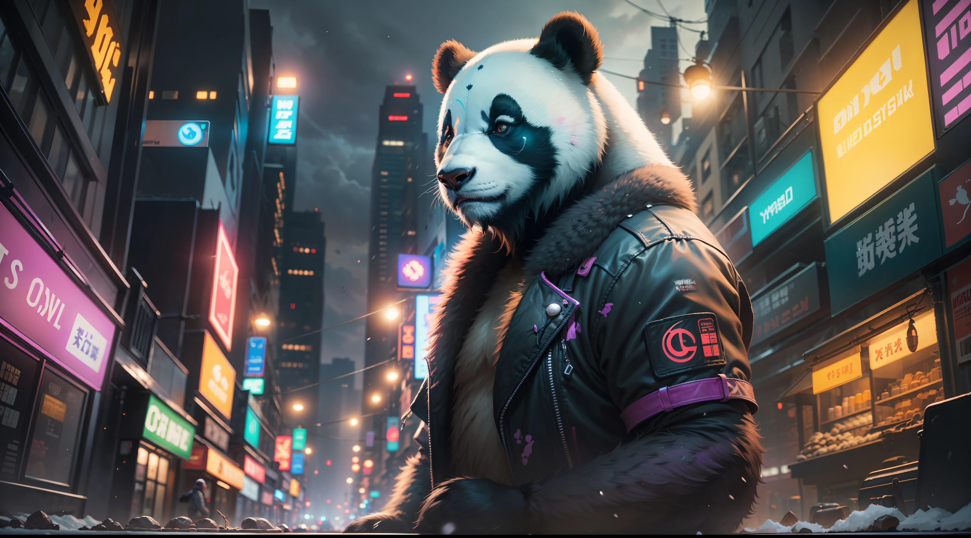 hyperrealistic, portrait of giant panda, animal, cyberpunk city, cold color, night, cinematic light, purple neon light, bokeh, rim light