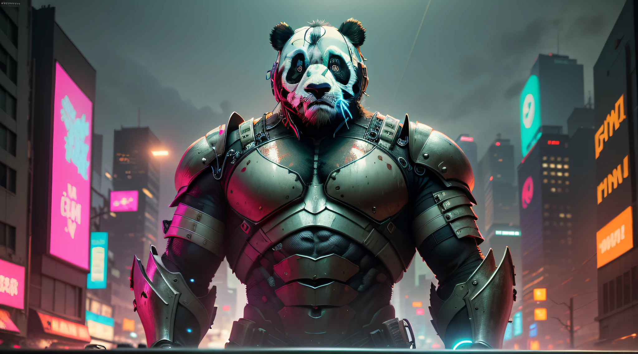 (hyperrealistic, cinematic portrait of panda:1.2), strong man with panda mask,(tatic black metal armor+cyberpunk:1.3), cyberpunk city in night scene, green light,cold color,rim light,purple neon light,bokeh(1.5)