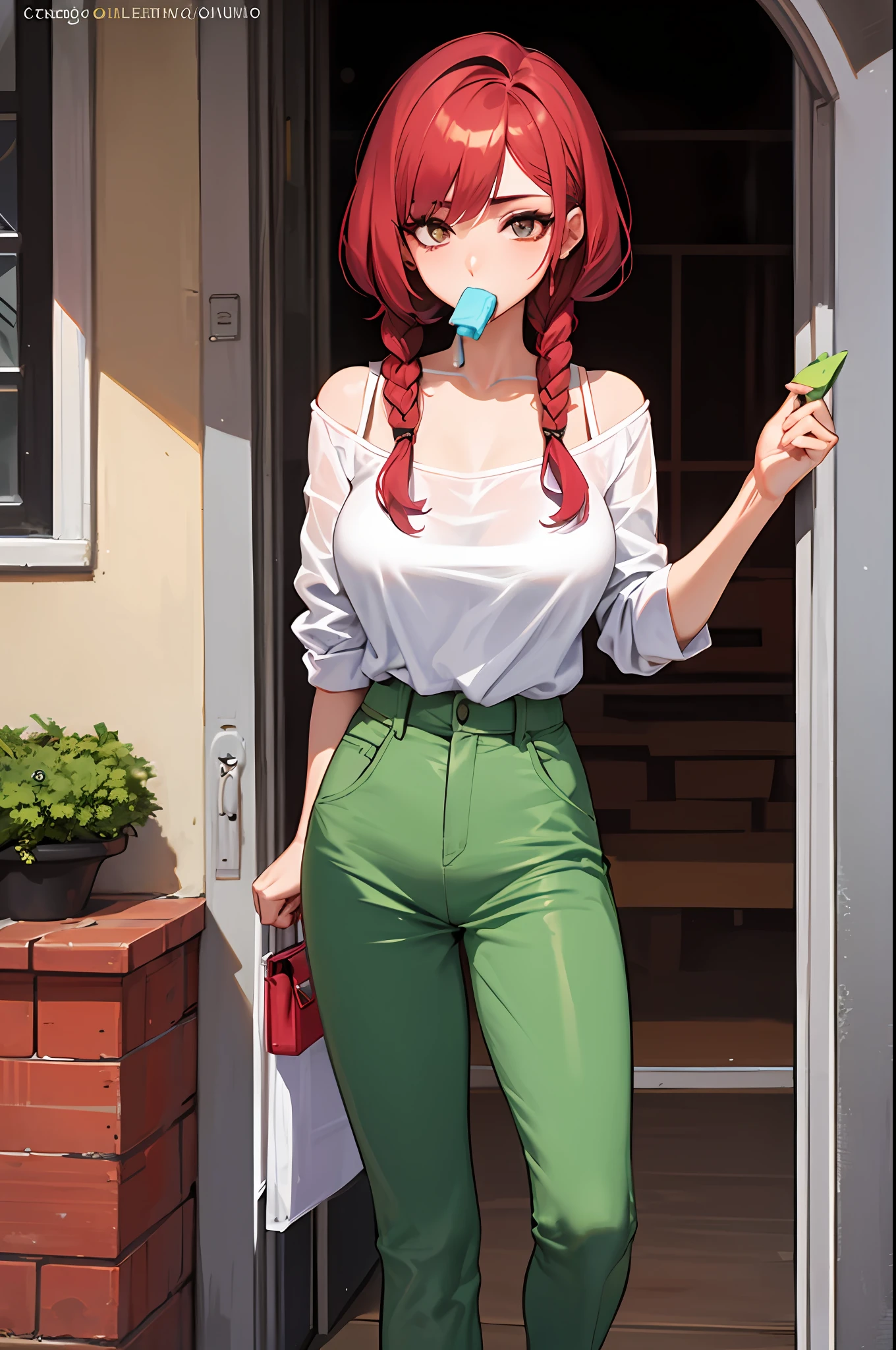 obra maestra, mejor calidad, 1chica, pelo largo, busto grande, cabello muy largo rojo, cabello rojo, vaquero, brown trousers, ropa de vaquero, comiendo helado, helado de menta, exterior, sexy, sensual, Nlanca and brown clothing, ojos amarillos, seria, sin emociones, mujer adulta, trenzas, seductora, manos en la cintura,