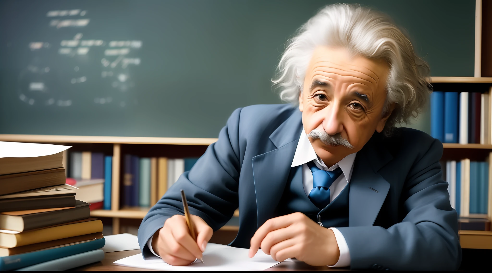 Albert Einstein, the renowned physicist, is captured in a candid moment as he diligently works in his study. Surrounded by stacks of papers, chalkboards filled with equations, and scientific instruments, Einstein is fully immersed in his research. His focused expression and intense concentration reveal the depth of his intellectual prowess and his unwavering dedication to unraveling the secrets of the universe. This image encapsulates the essence of Einstein's tireless work ethic and his relentless pursuit of knowledge, inspiring generations with his groundbreaking discoveries and revolutionary insights.