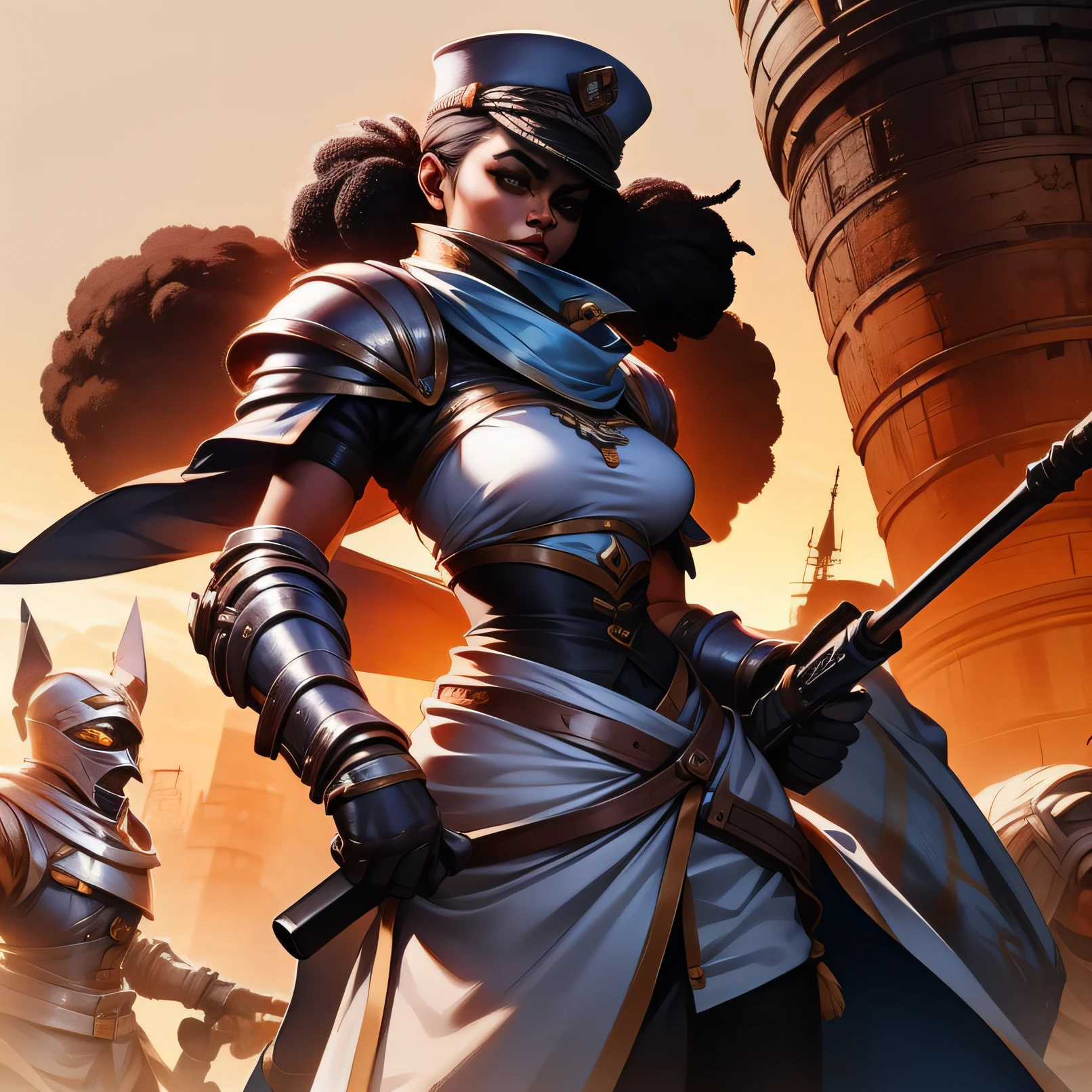 mulher,leader hat,cabelo afro,pele negra,soldada com armadura,capa,arma,