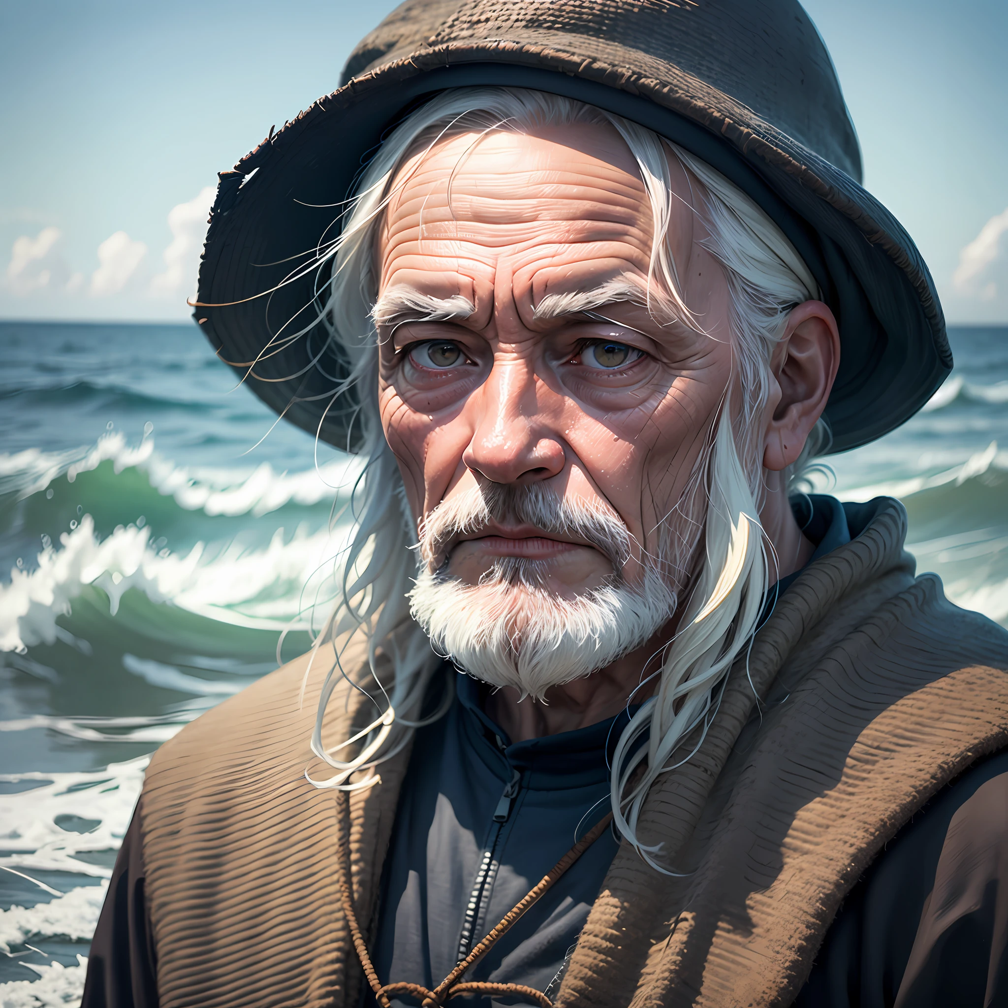 image of an old fisherman in the sea realistically evidencing his face with seaweed --auto