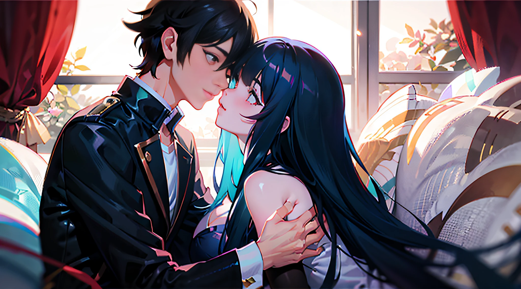 4k 8k anime couple kissing in front of window,sunlight shining through, ross tran and ilya kuvshinov, nick silva and ilya kuvshinov, nightcore, Guviz-style artwork, sakimichan and frank franzzeta, beautiful alluring anime , ilya kuvshinov with long hair, Range Murata and Artgerm --auto