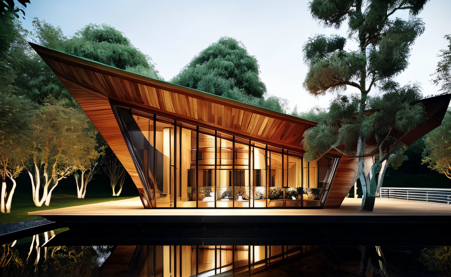 ((obra-prima, melhor qualidade)), 16k, estilo de arquitetura futurista, Foto realista, Fantastic image , arquitectura inspirada em Zaida Hadid, Glass building body, foto hiper detalhada, single box, A 3D digital rendering of a building, glass building some wood, Leansflare, body of water, night time, Hiperealista, trees around