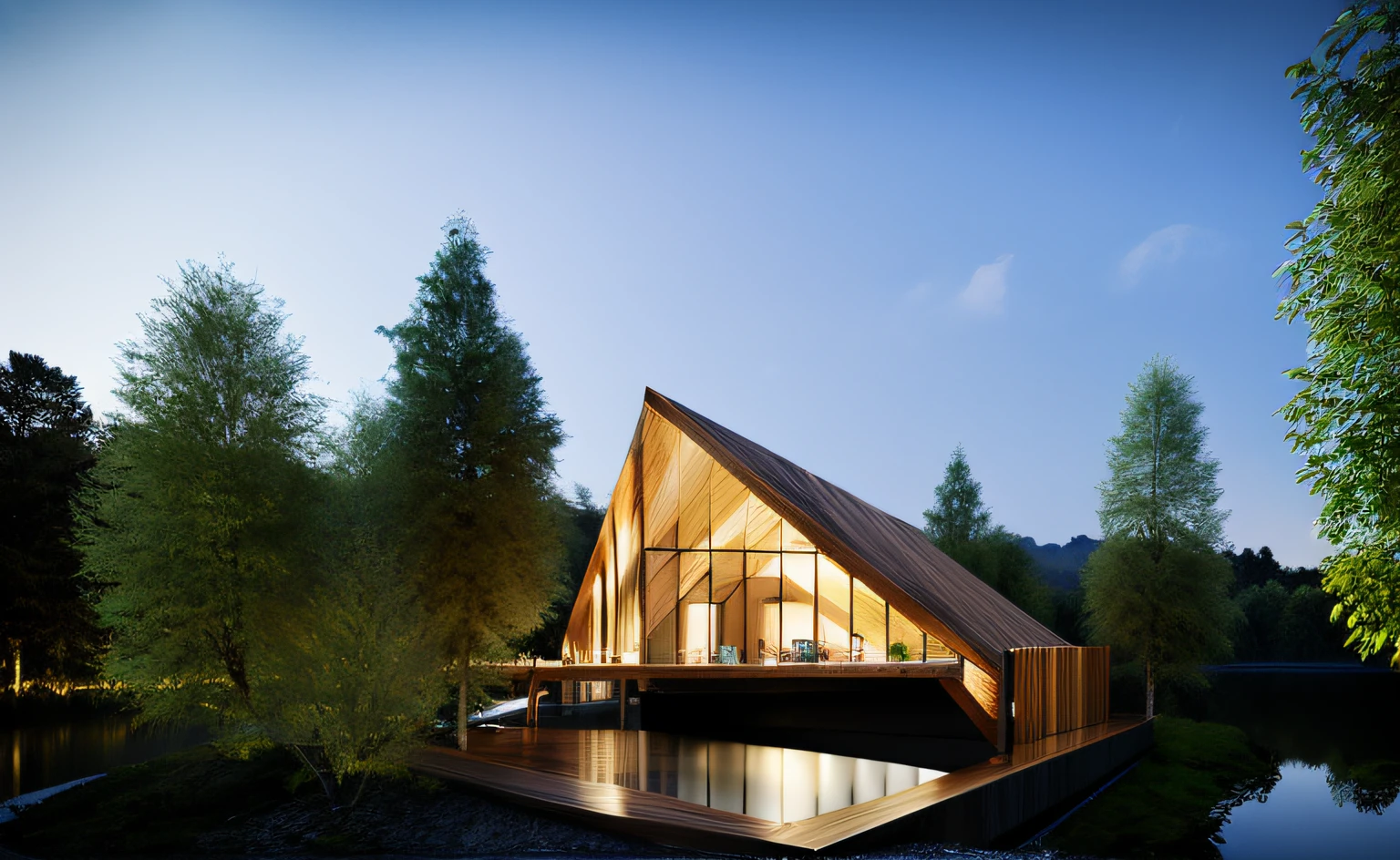 ((obra-prima, melhor qualidade)), 16k, estilo de arquitetura futurista, Foto realista, Fantastic image , arquitectura inspirada em Zaida Hadid, Glass building body, foto hiper detalhada, single box, A 3D digital rendering of a building, glass building some wood, Leansflare, body of water, night time, Hiperealista, trees around