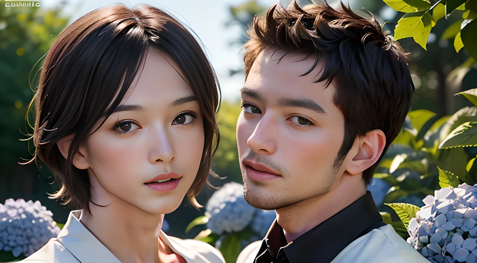 (They are male gay couple ), (head shot), (face only), (two male gay handsome muscular men in their 30s, red and blue hydrangeas blooming in a Japanese garden), short ash brown hair, They resemble Chris Redfield from Resident Evil, mischievous smile, (small details: 1 in 1), natural muscles, hig quality, beautifull eyes, (Detailed face and eyes), (Face、: 1 / 2), noise, real pictures、... ..............PSD, Sharp focus, High resolution 8K, Realstic & Professional Photography, 8k UHD, Soft lighting, High quality, Film Grain, Fujifilm XT3