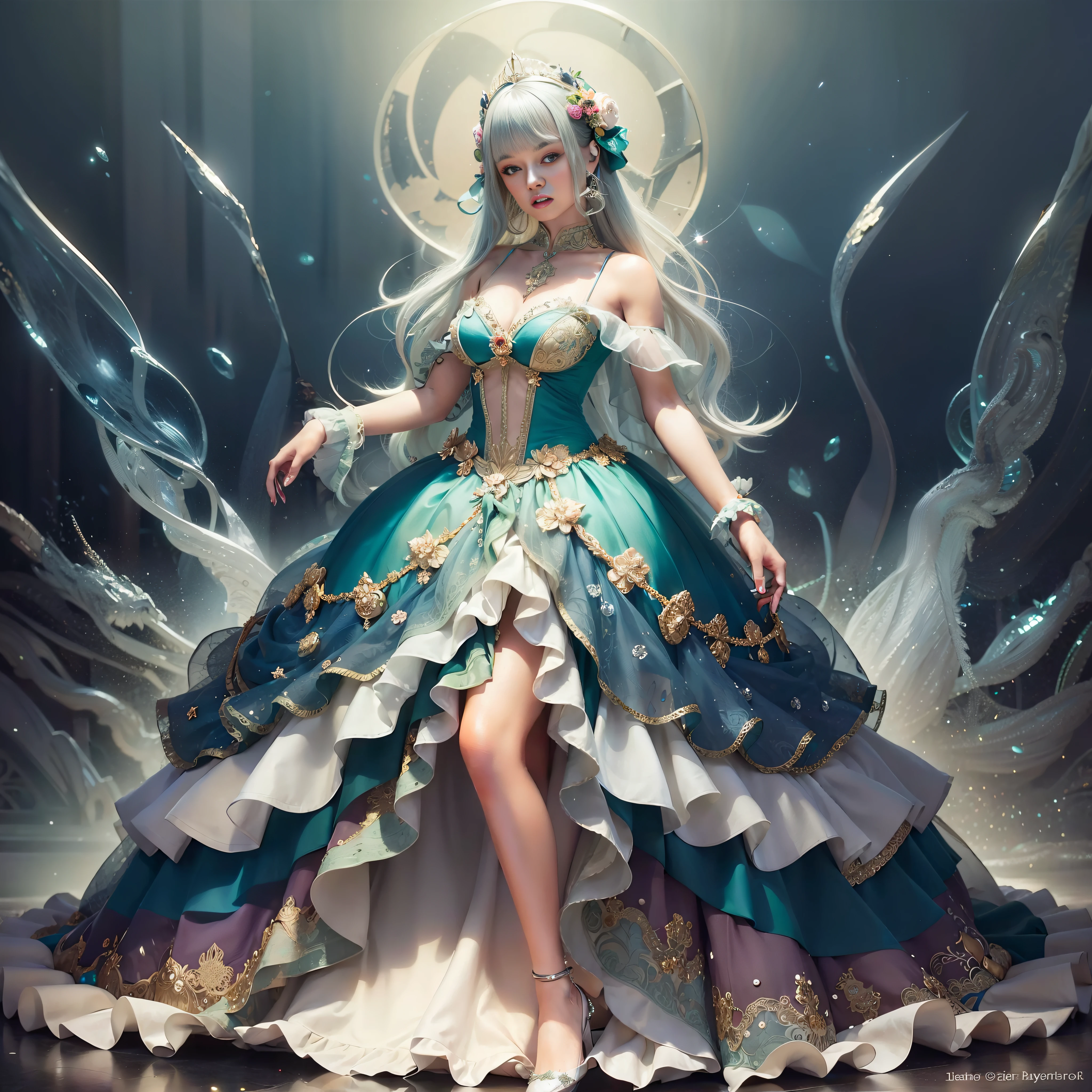 a day of the dead goddess wearing a majestic green ball gown dress with rhinestones and tulle skirt, big beautiful dress, intricate puffy ball gown with lots of ruffles and rhinestones (Masterpiece, Top Quality, Best Quality, Official Art, Beautiful and Aesthetic: 1.2), (1 Flower), Full Body, Extremely Detailed, (Fractal Art: 1.3), Colorful, Most Detailed
