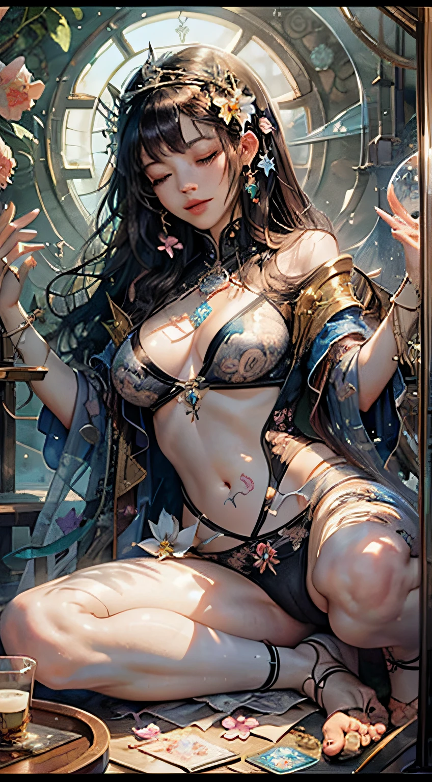 Sleeping Beauty, by Bella🦋 full body, beautiful girl sleeping, room with mirror, girl sleeping on bed and sheets, old clock and lamp on table, full body, black hair, Transparent clothing,open legs, view of pubic hair, 1 sexy girl in transparent forest clothes,exposed breasts, open transparent t-shirt,mandala and flower tattoos, La mejor calidad, Obra maestra, llustration, muy delicado y hermoso, muy detallado, CG, Unidad, Fondo de pantalla de 8k, ridiculous, huge filesize, lente muy ancha, Luz suave,Sleeping Beauty, by Bella🦋 full body, beautiful girl sleeping, full body, black hair, Transparent clothing, slight smile,, open legs, view of pubic hair, 1 sexy girl in transparent forest clothes,exposed breasts, open transparent t-shirt,mandala and flower tattoos, La mejor calidad,