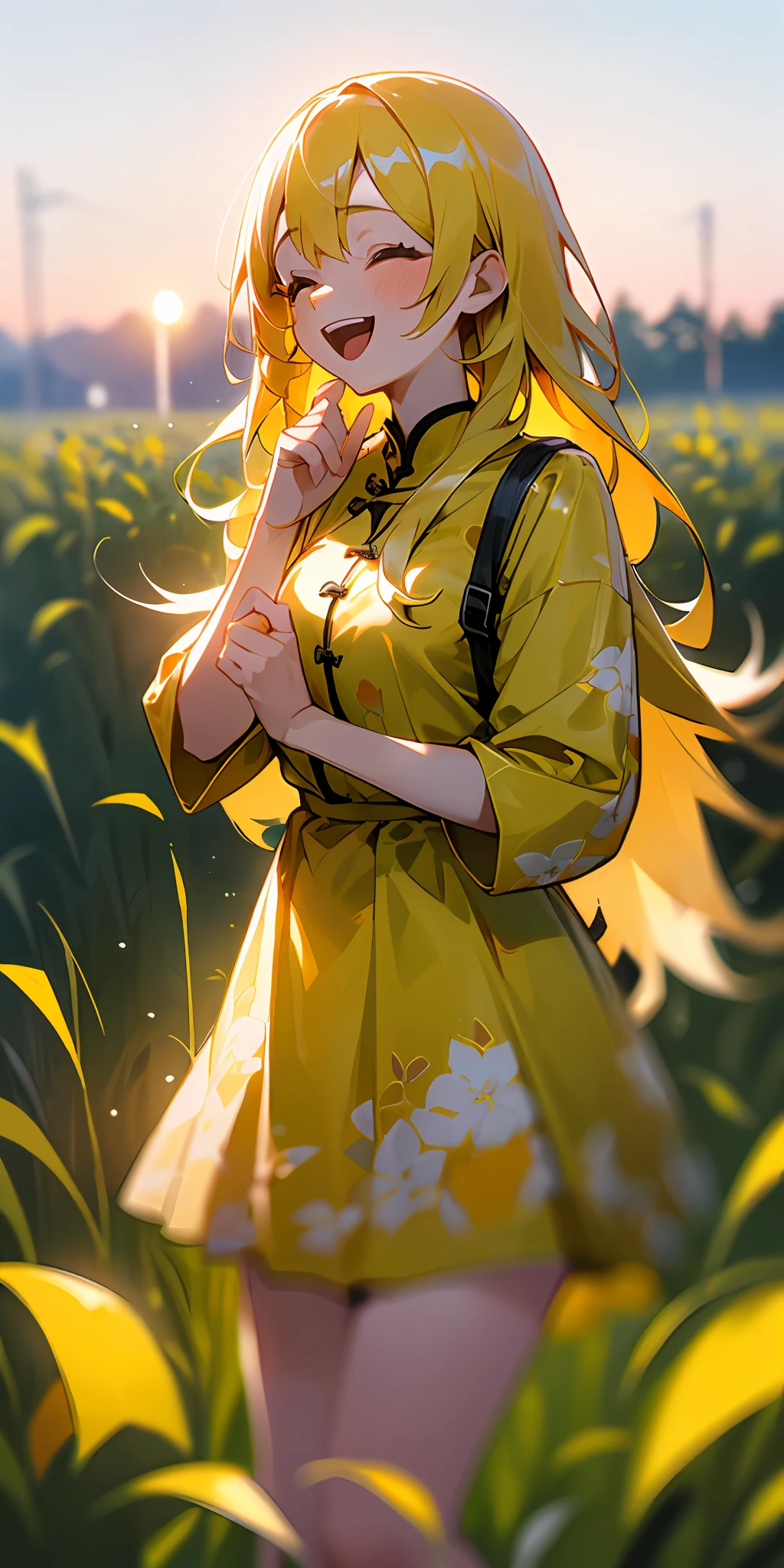 (A masterpice、of the best quality、8K)、One girl with long yellow hair laughing with all her might standing in the field、Raise and spread your hands、Warm lighting、Lemon print dress、Blurred foreground、Skirt sways