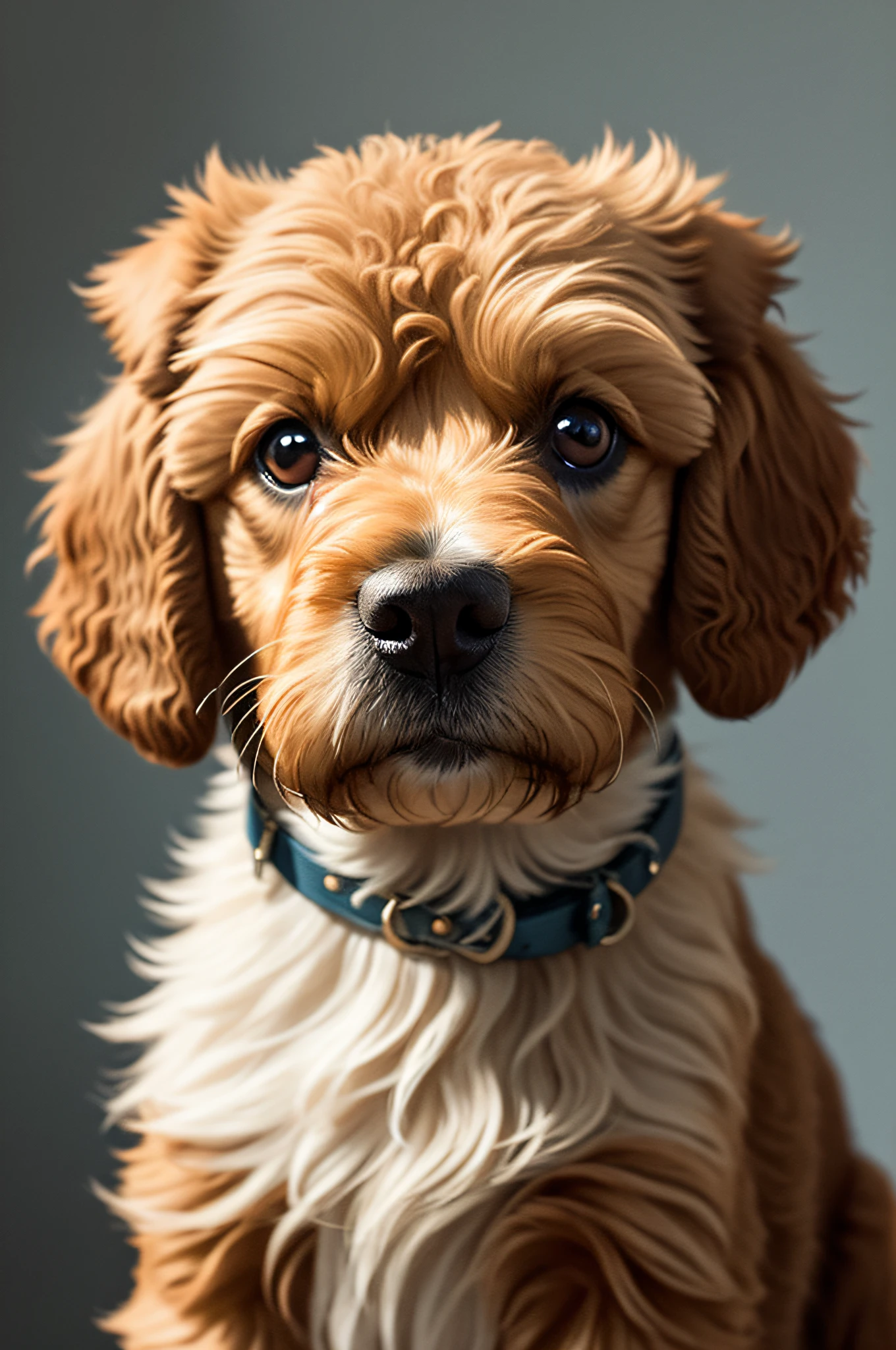 Very cute cavoodlepup illustration, 8k resolution, high resolution, super detailed, clear focus on brown poodle and very detailed character design. The use of rim lights, soft lights and sun flares should add depth and mood to the image. A fluffy, foggy, light gold floral background with a subtle mist effect is ideal, adding a touch of mystery to the illustration. Vibrant The colors should be used to bring the puppy to life, emphasizing the puppy's fluff and character.