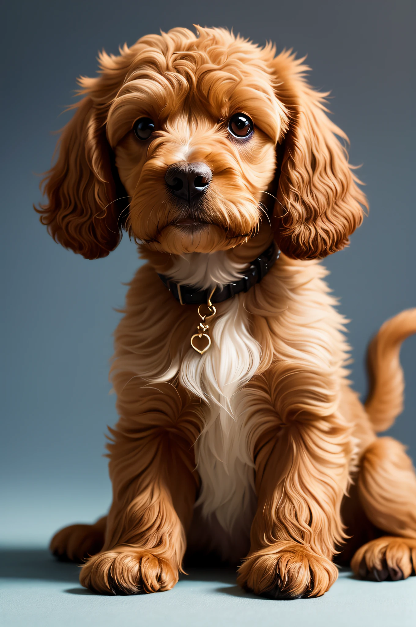 Very cute cavoodlepup illustration, 8k resolution, high resolution, super detailed, clear focus on brown poodle and very detailed character design. The use of rim lights, soft lights and sun flares should add depth and mood to the image. A fluffy, foggy, light gold floral background with a subtle mist effect is ideal, adding a touch of mystery to the illustration. Vibrant The colors should be used to bring the puppy to life, emphasizing the puppy's fluff and character.
