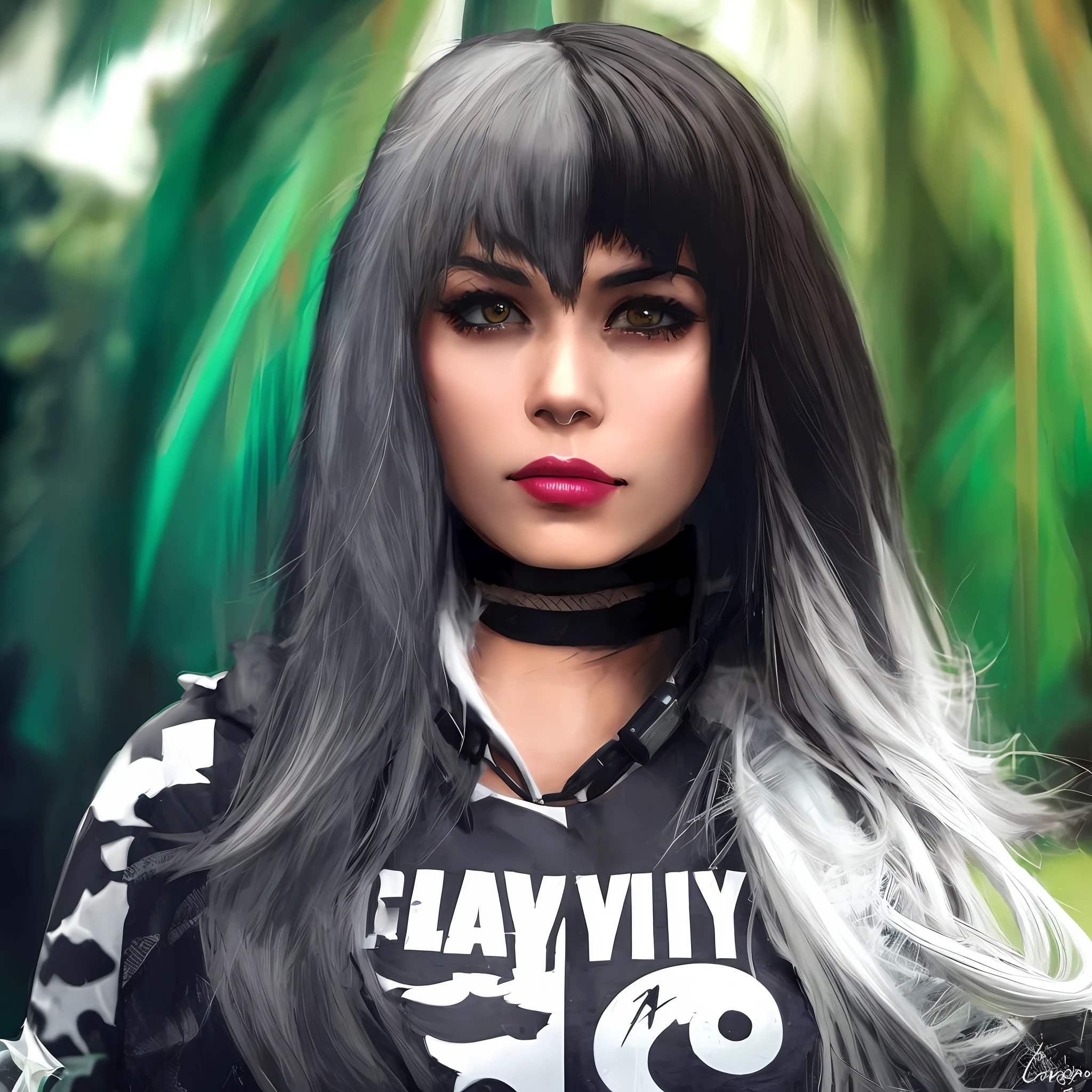 there is a woman with long hair and a black and white shirt, cabelo preto e franja branca, Loba Andrade de Apex Legends, Ciborgue - com cabelo prateado, Cabelos pretos e brancos, Tifa Lockhart com cabelos brancos, meninabelo prateado, O retrato da menina cybercabelo blackbangs cabelo, cabelos prateados (rabo-de-cavalo), menina cabelo pratestilo de arte realista