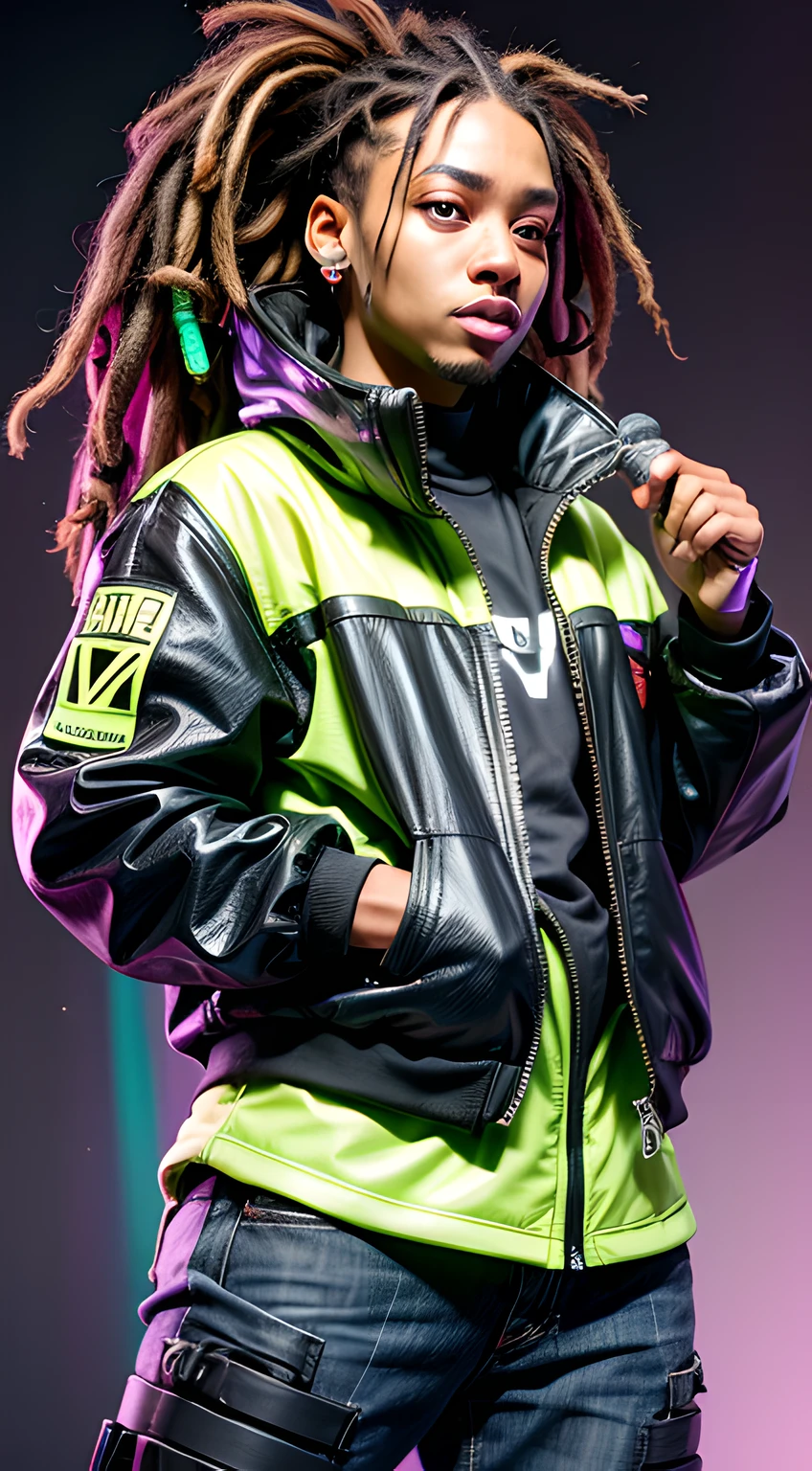 1 rapper with dreads hair, ToxicPunkAI techwear jacket, minimalist abstract ToxicPunkAI music mixer and speakers background, bubbles, melt, detailed, intricate