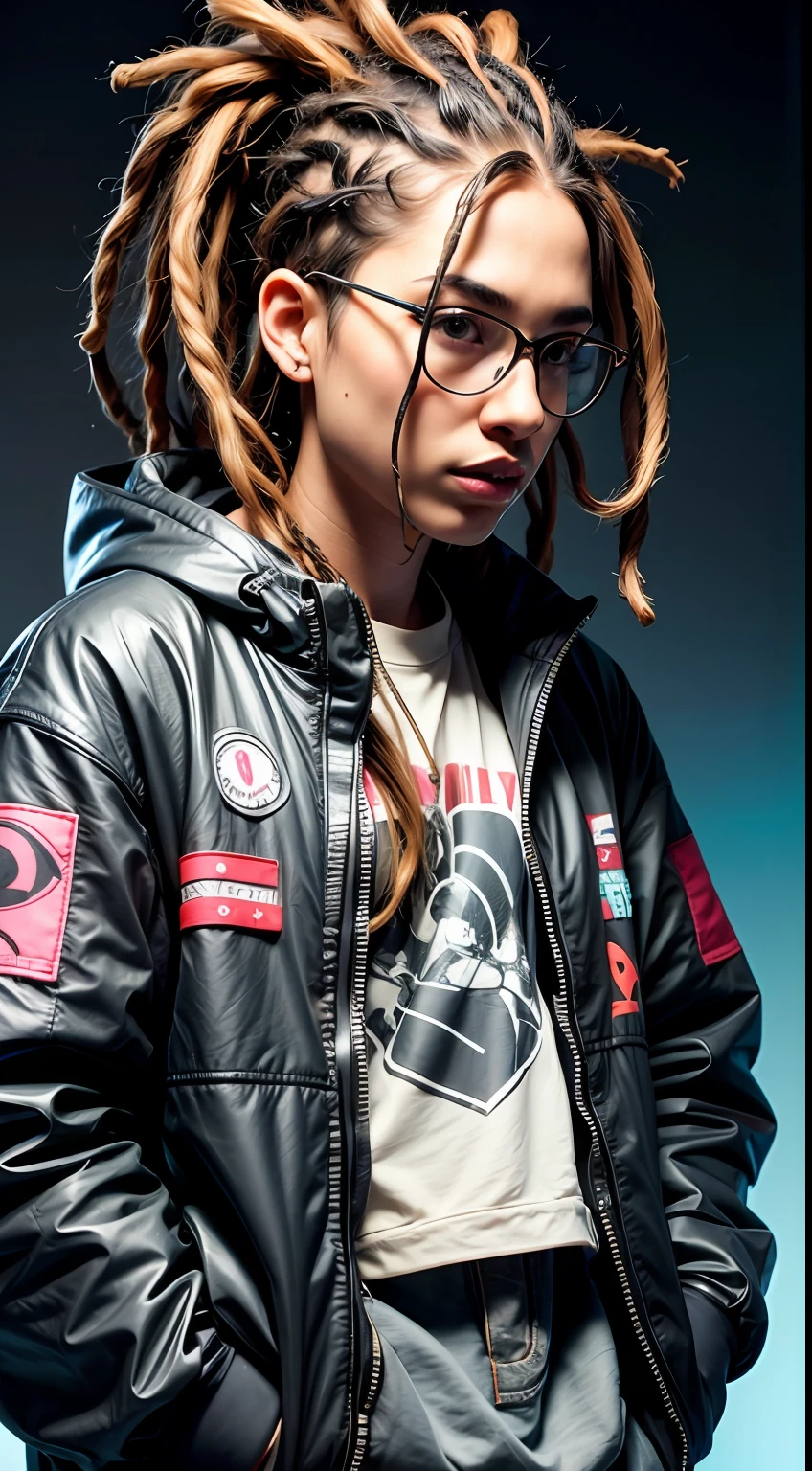 1 rapper with dreads hair, ToxicPunkAI techwear jacket, minimalist abstract ToxicPunkAI music mixer and speakers background, bubbles, melt, detailed, intricate