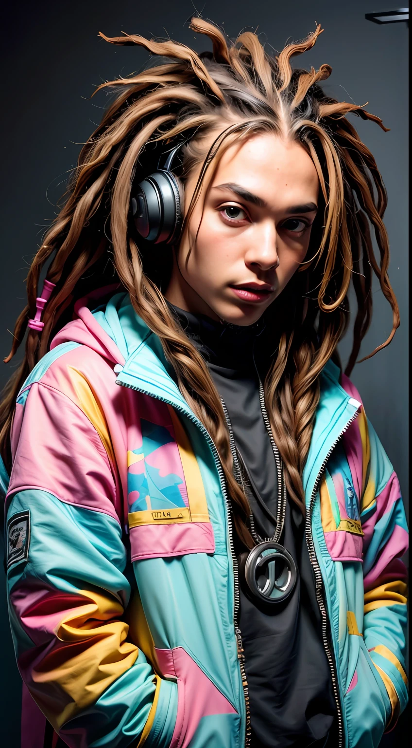 1 rapper with dreads hair, ToxicPunkAI techwear jacket, minimalist abstract ToxicPunkAI music mixer and speakers background, bubbles, melt, detailed, intricate