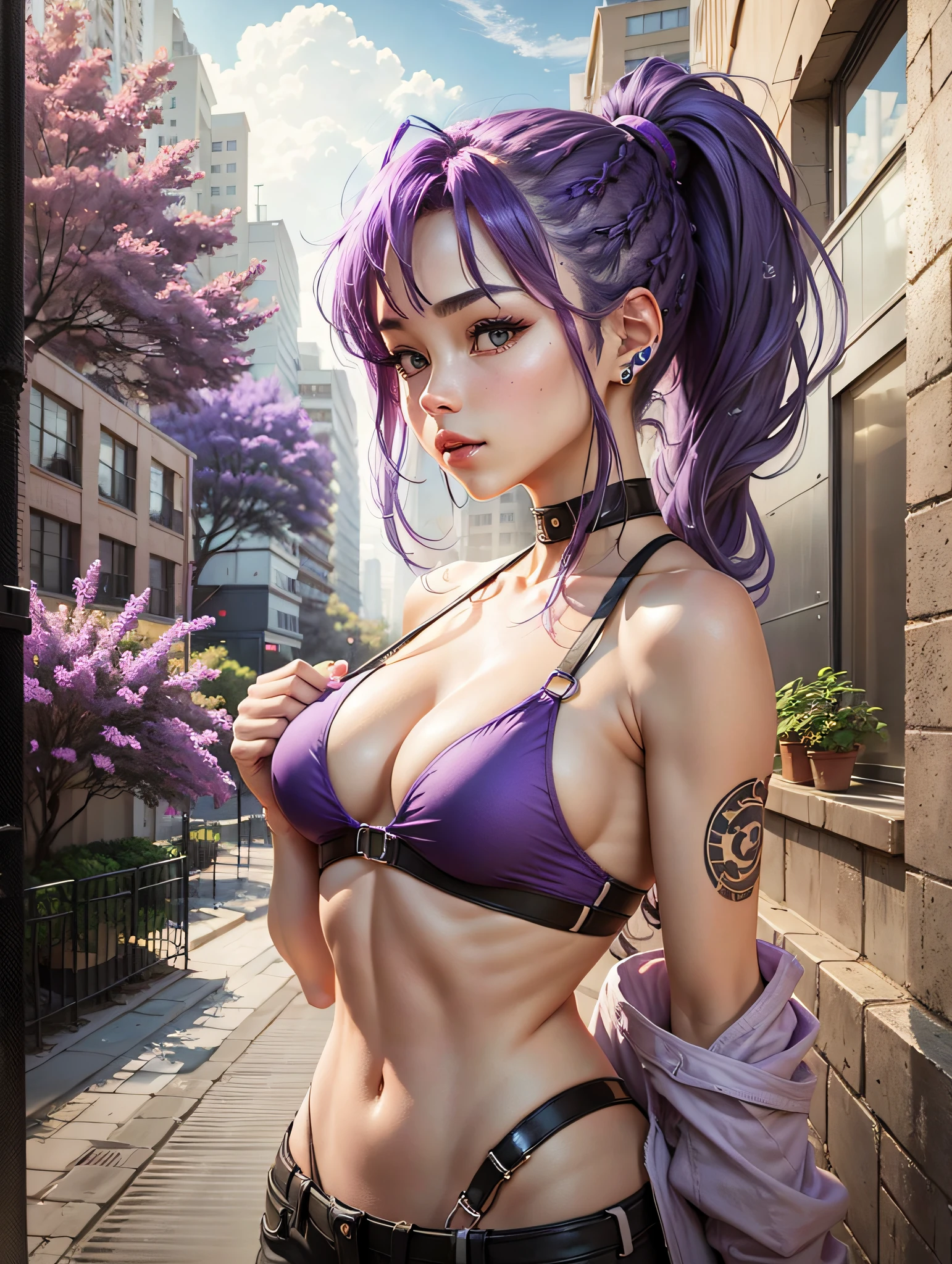 (((Uma personagem feminina))) com longo, selvagem, e cabelos roxos, exuding a delicate appearance with strong and sensual expressions. She has silver eyes and thick lips adorned with purple lipstick. A personagem tem um corpo bem definido com seios amplos, a toned abdomen, and a firm and shapely buttocks, com coxas grossas e tonificadas, desprovidas de flacidez. She is wearing a revealing outfit with a deep neckline and very short shorts, along with knee-high boots with high heels. The scene depicts her walking on a deserted and heavily polluted street in a bustling city. A imagem deve ser vibrante, Realistic, e altamente detalhado, capturing the essence of modern urban style.
Camera shot: Medium shot
Camera Lens: 35mm
Lighting: neon lighting, with purple neon lights illuminating the scene
Resolution: 4k