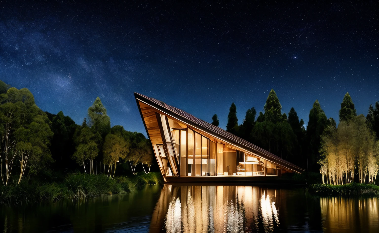 ((obra-prima, melhor qualidade)), 16k, estilo de arquitetura futurista, Foto realista, Fantastic image , arquitectura inspirada em Zaida Hadid, Glass building body, foto hiper detalhada, single box, A 3D digital rendering of a building, glass building some wood, Leansflare, body of water, Night view with starry sky and full moon , Hiperealista, trees around