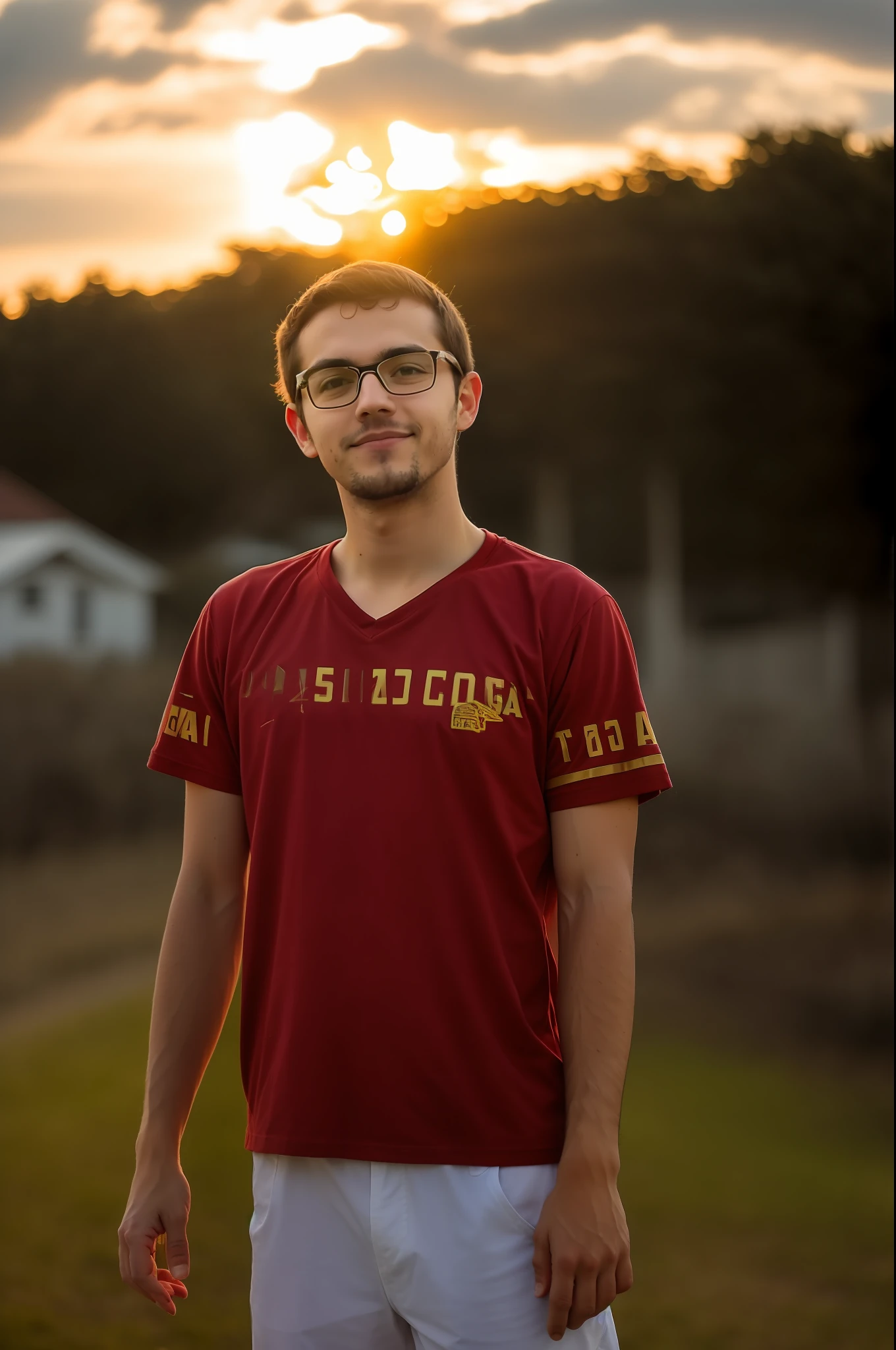 arafed man in a red shirt and glasses standing in a yard, Streamer do Twitch / Jogador Ludwig, retrato de alta qualidade, foto de perfil 1024px, Retrato no meio da foto, em torno de 1 9 anos, Jakub Rebelka, in the sunset, nice afternoon lighting, tirada na hora dourada, cerca de 20 yo, 2 5 anos, Typical cryptocurrency nerd