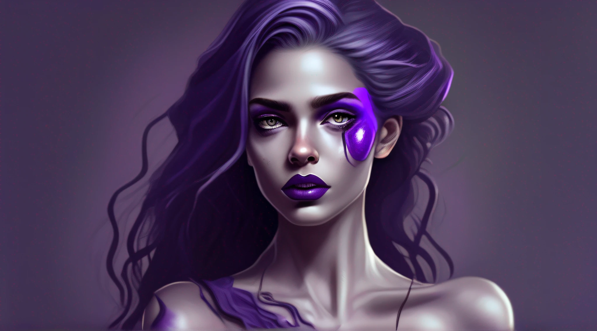 (((Uma personagem feminina))) com longo, selvagem, e cabelos roxos, exuding a delicate appearance with strong and sensual expressions. She has silver eyes and thick lips adorned with purple lipstick. A personagem tem um corpo bem definido com seios amplos, a toned abdomen, and a firm and shapely buttocks, com coxas grossas e tonificadas, desprovidas de flacidez. She is wearing a revealing outfit with a deep neckline and very short shorts, along with knee-high boots with high heels. The scene depicts her walking on a deserted and heavily polluted street in a bustling city. A imagem deve ser vibrante, Realistic, e altamente detalhado, capturing the essence of modern urban style.
Camera shot: Medium shot
Camera Lens: 35mm
Lighting: neon lighting, with purple neon lights illuminating the scene
Resolution: 4k