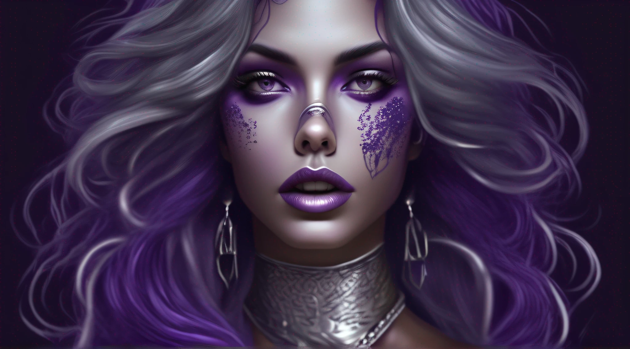 (((Uma personagem feminina))) com longo, selvagem, e cabelos roxos, exuding a delicate appearance with strong and sensual expressions. She has silver eyes and thick lips adorned with purple lipstick. A personagem tem um corpo bem definido com seios amplos, a toned abdomen, and a firm and shapely buttocks, com coxas grossas e tonificadas, desprovidas de flacidez. She is wearing a revealing outfit with a deep neckline and very short shorts, along with knee-high boots with high heels. The scene depicts her walking on a deserted and heavily polluted street in a bustling city. A imagem deve ser vibrante, Realistic, e altamente detalhado, capturing the essence of modern urban style.
Camera shot: Medium shot
Camera Lens: 35mm
Lighting: neon lighting, with purple neon lights illuminating the scene
Resolution: 4k