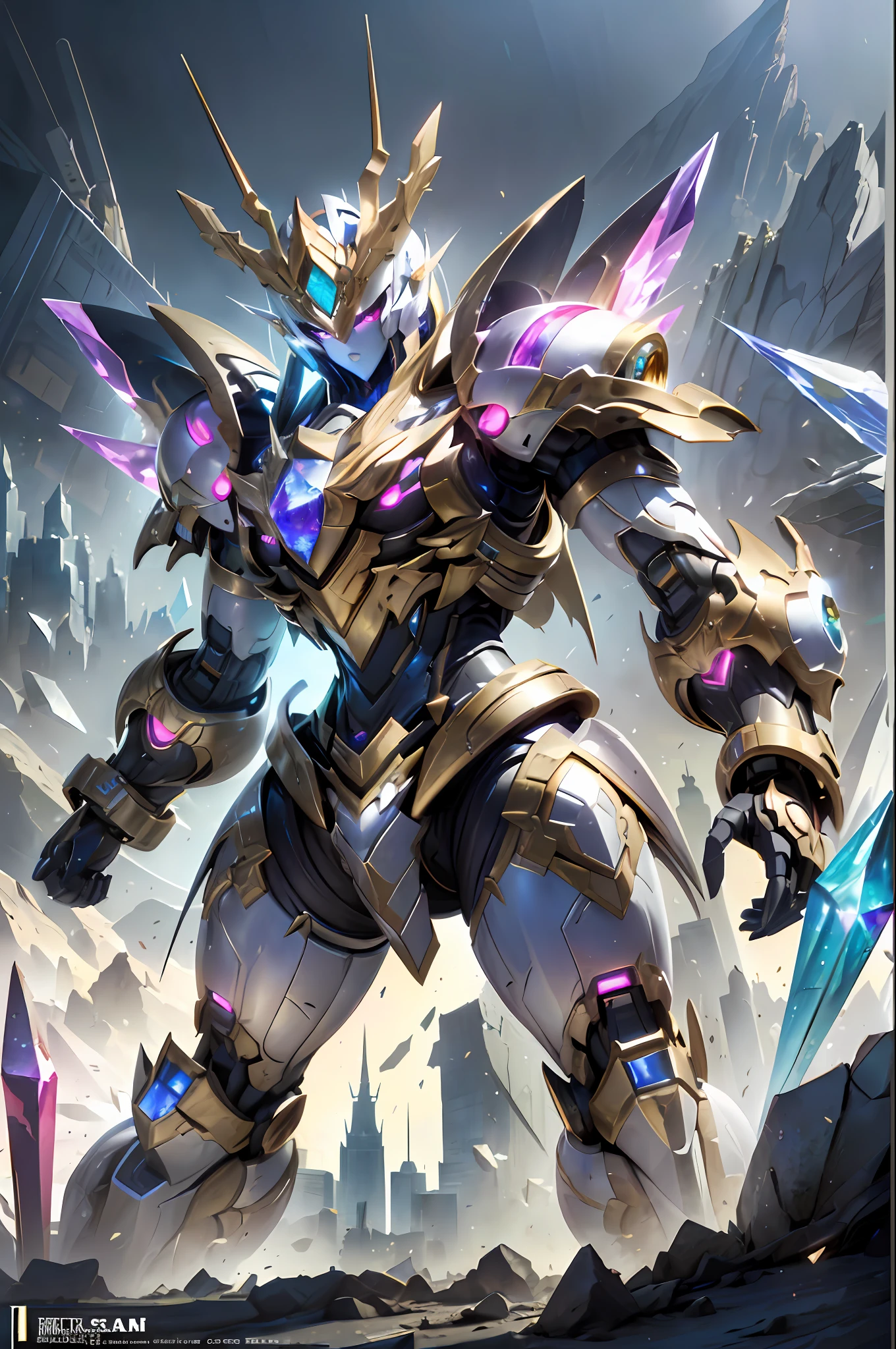 Ancient Divine Dragon Armor,Fighting posture,giant mecha,(Smooth surface),(Stand at the top of the mountain:1.2)(Overlooking the cyberpunk city:1.3),White is the main color，Match bright decorative colors such as pink and gold。There are powerful thrusters,(crystal:1.3),(((Masterpiece))),(((Best quality))),((Ultra Verbose))((Extremely detailed CG)),((16K resolution))((An extremely delicate and beautiful)),{Photorealistic},Full of detailed light blooms,A masterpiece from the Canon EOS R6 shooting,((The Masterpiece)) ,Cinematic Lights,独奏,Unreal Engine 5,concept art,