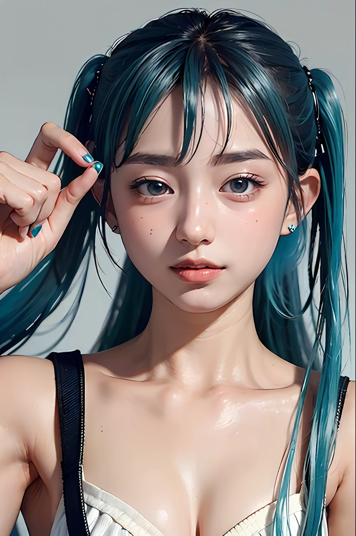 Hatsune Miku、Cross your arms、X Pose、holding a microphone、photorealestic, high resolucion, 1个女孩, Korea person, Heterochromia eyes, small moles under eyes,