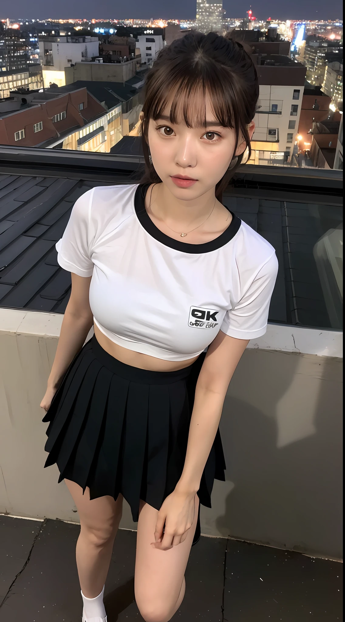 ((mid night, Need, 8k, nmasterpiece:1.3)), Whole human body, Long legs, Focalors:1.2, perfect figure beautiful woman:1.4, Slim abs:1.1, ((Dark brown hair, large tits:1.2 )), (White school outfit，Sweet and lovely，black short skirt，to stand:1.2), ((city night scene, roof top:1.3)), Highly detailed facial and skin texture, detailed eye, 双眼皮