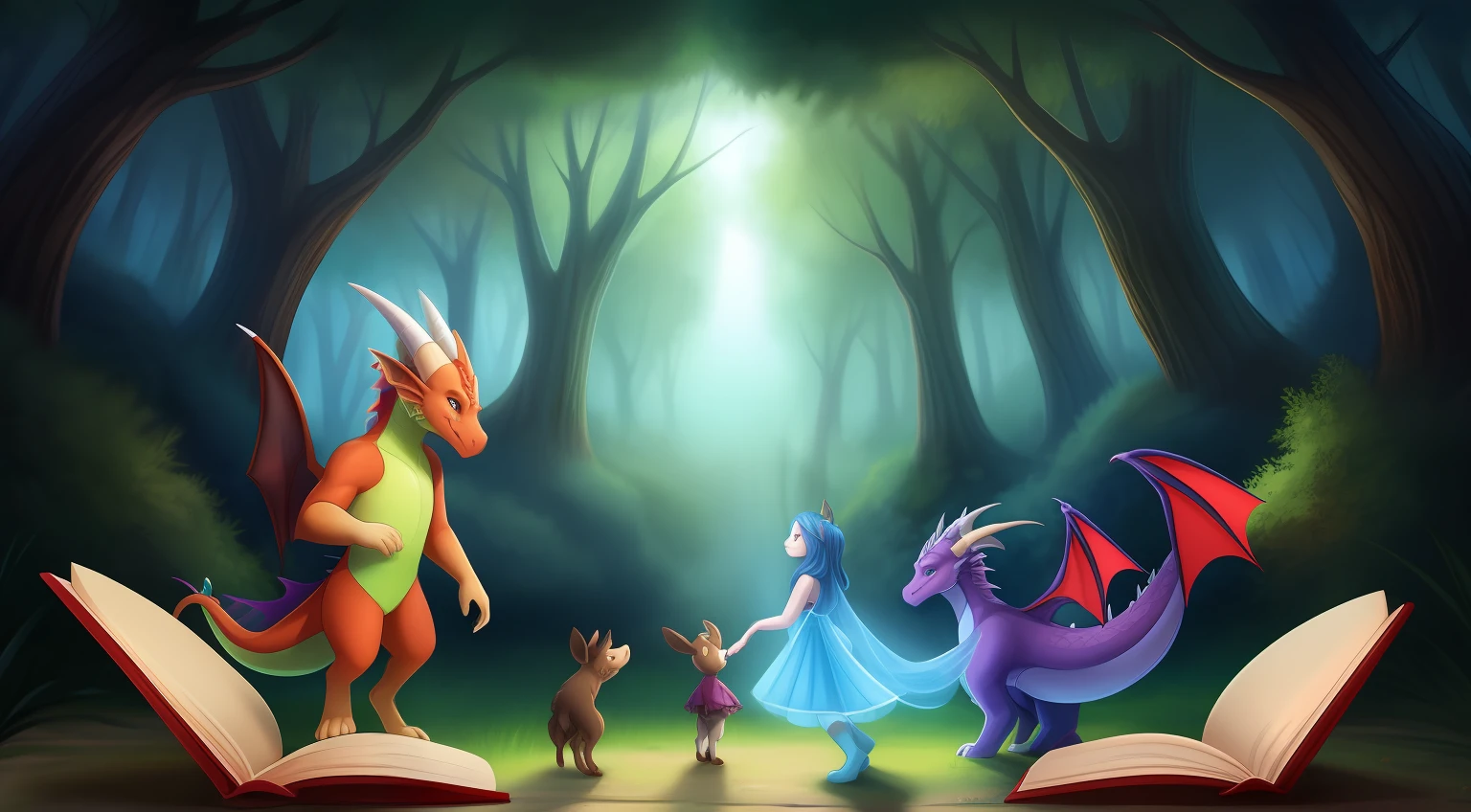"Generate a charming illustration, de alta qualidade e ultra-detalhada para um livro infantil, with a baby red dragon surrounded by magical creatures - fairies, elves and other dragons - who came to visit you. The gentle dragon is the center of attention, in a magical forest. The scene is illuminated by the sunny day, Creating a magical climate, filhotes de coelhos, Doe pups,