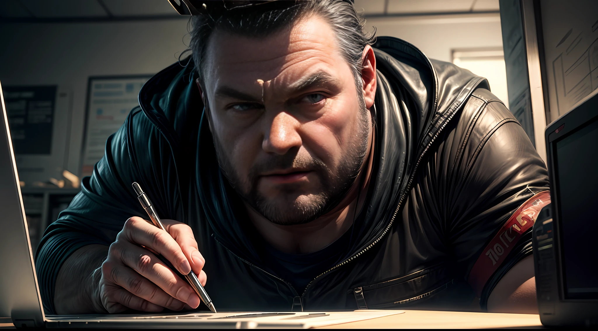 Nerd fat man, uggly., (typing on a laptop), crown as a hat, sitting, detailed eyes, detailed face, inside his lab,
, crazy scene from a movie, dramatic shooting angle, atmospheric particles,
Real, raw cinematic photorealism, action portrait, 8k, detailed, centered, full frame