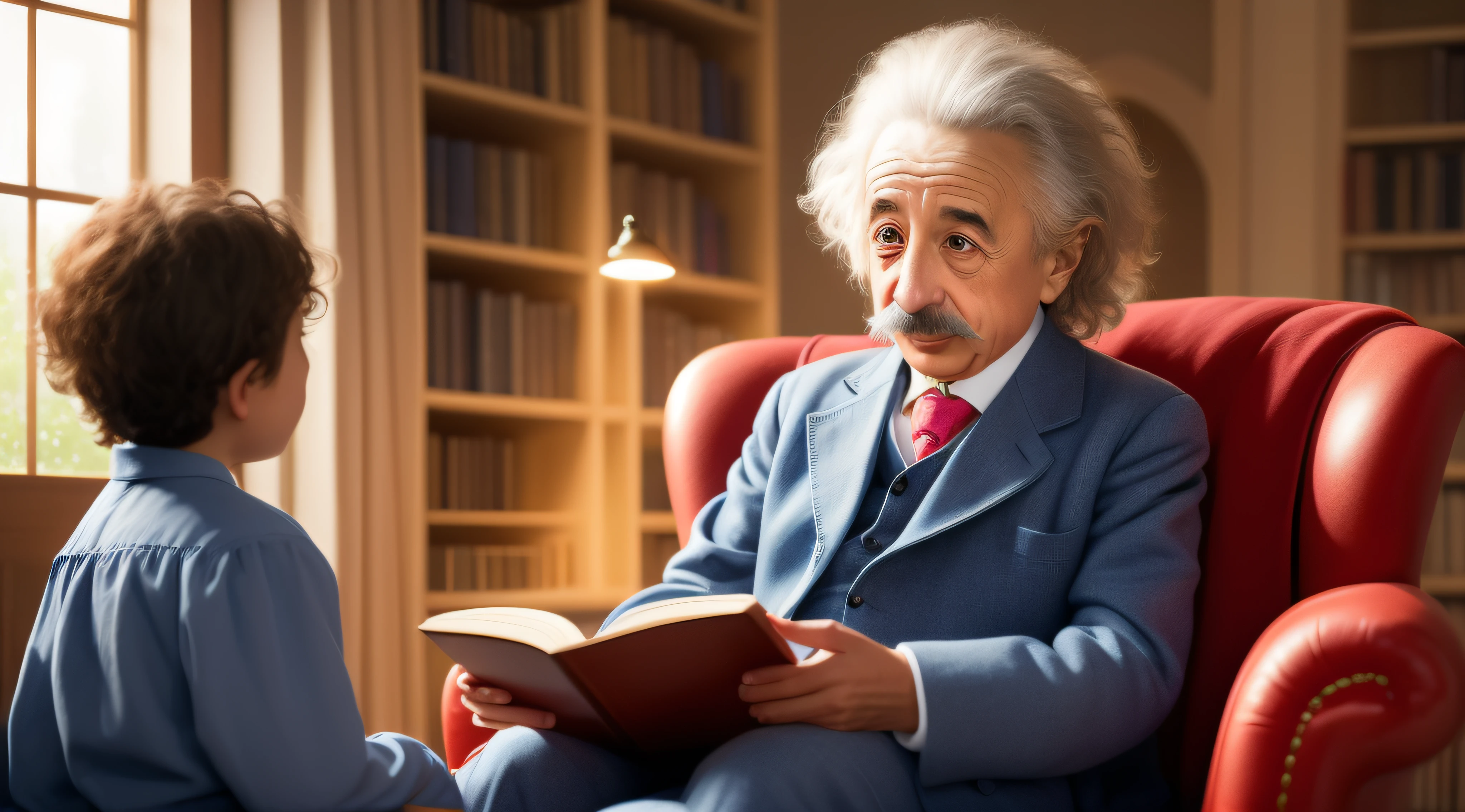 Albert Einstein, the brilliant physicist, sits comfortably in a cozy armchair, surrounded by a group of wide-eyed children. With a twinkle in his eye, he holds a book of enchanting fairy tales, captivating the young audience with his animated storytelling. As he reads, Einstein's passion for imagination and exploration shines through, intertwining the magic of storytelling with the wonders of science. This heartwarming scene reflects Einstein's belief in nurturing young minds and fostering their creativity, bridging the realms of knowledge and imagination to inspire the next generation of thinkers.
