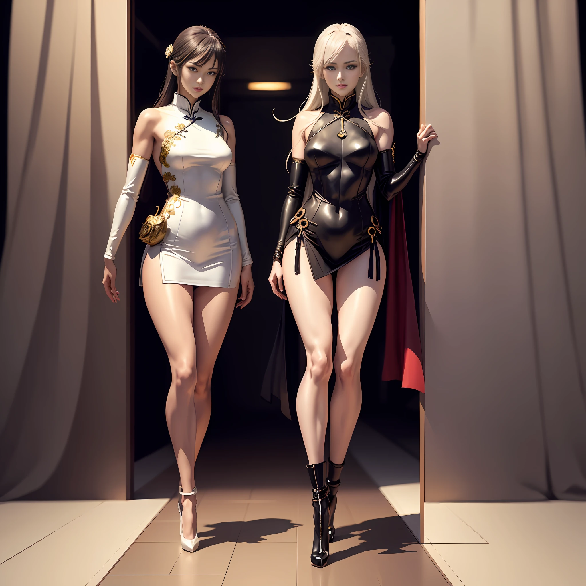 Anime - Great masterpiece，oil art， Chinese goddess standing in a magnificent interior in a sexy cheongsam，The garment has a gold lace pattern，Long stockings，high heel shoes，walking towards viewer，seductive anime girls，Sexy ancient goddess，full body detailing，（1.4），（Long legs 1.1），[ 4 K digital art ]!,Smooth anime CG art，Female action anime girl，Shiny white skin，Full body luxury，SFW version，full body pose，perfectbody，18 forbidden