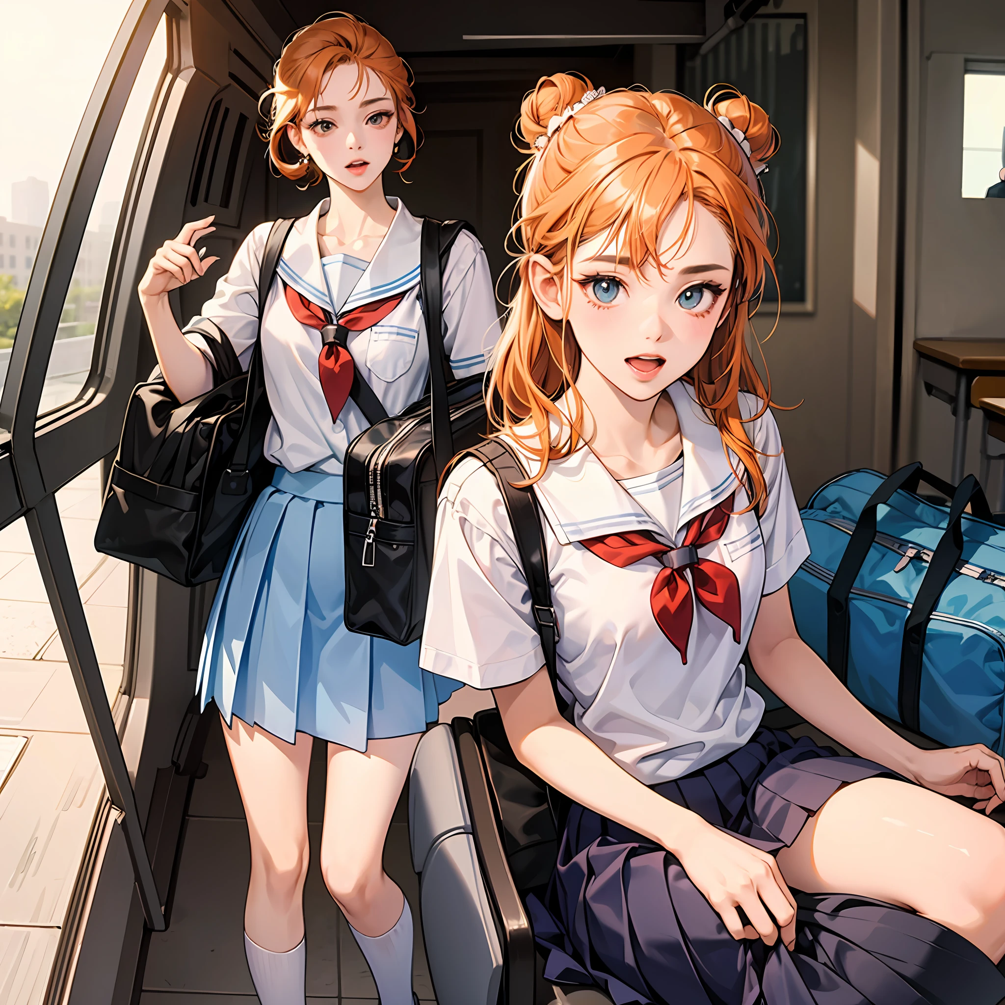 masterpiece, best quality,beautiful high school girl,14 years old,slender, flat chest,illustration of a beautiful girl, detailed beautiful face, detailed hair, detailed human eyes, detailed mouth, detailed arms, detailed bust, full body,bun,orange hair,school uniform,Admiring,SIGMA Art Lens 35mm F1.4,cowboy shot,open mouth,(skirt lift:1.1), (nsfw:0.4), matazura,white panties, school bag,(vaginal,in school --auto