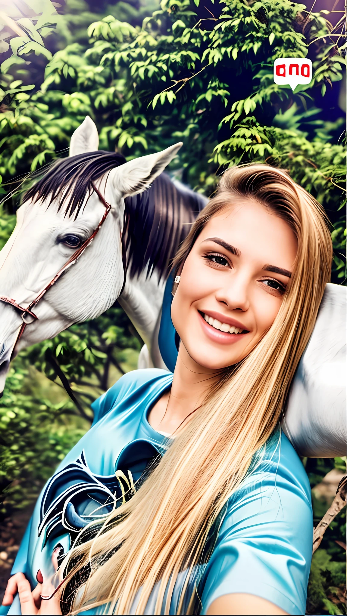 mulher sorridente com longos cabelos castanho, ao lado de um cavalo branco sem roupa, Mulher de 24 anos,, muito bonito