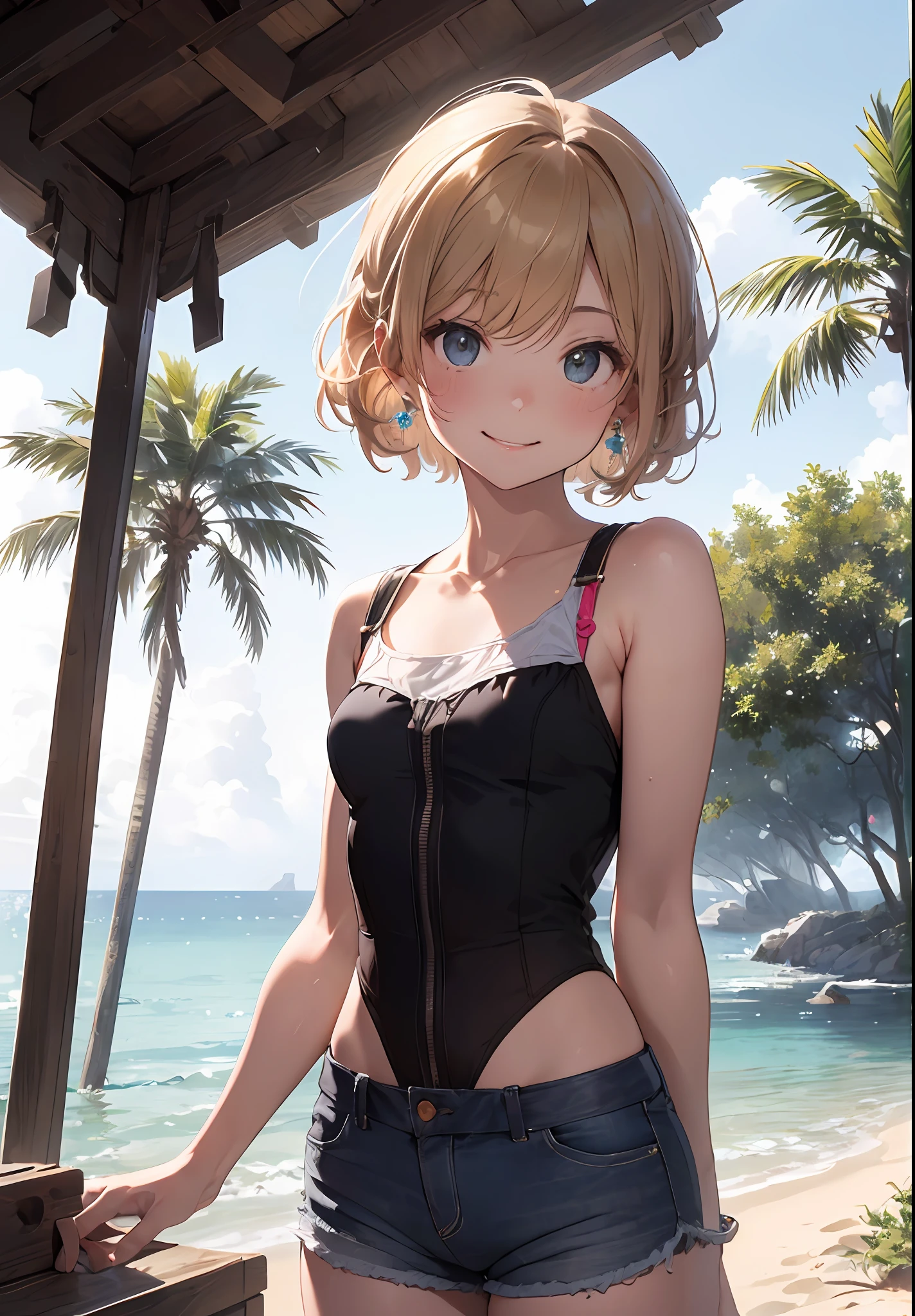 (((Masterpiece)), (((Highest Quality)), (((Very delicate and beautiful)), (Highly detailed CG Unity 8K wallpaper: 1.3), Very delicate light, (Backlight), (Steampunk),
/=、
(Cowboy Body)), (1 Loli: 1.3), Solo, (Petite), (Small), Neon Pink Sunglasses, Swimsuit, High Waist Shorts, White Hair, Blue Eyes, Earrings, (Wavy Curly Short Hair), (Ahoge), (Cute Face: 1.114), (Fine Eyes: 1.15), (Cute Face: 1.114)
, (beautiful fine eyes and beautiful face: 1.15),
The girl is smiling and looks happy in a beautiful tropical landscape. Behind her, the sun is setting, casting a warm glow on the scene, creating a dreamy atmosphere. In the distance, palm trees sway in the breeze, creating a leisurely retro atmosphere, such as sand, sun, beach, sea, horizon, etc.
Highly detailed ray tracing
