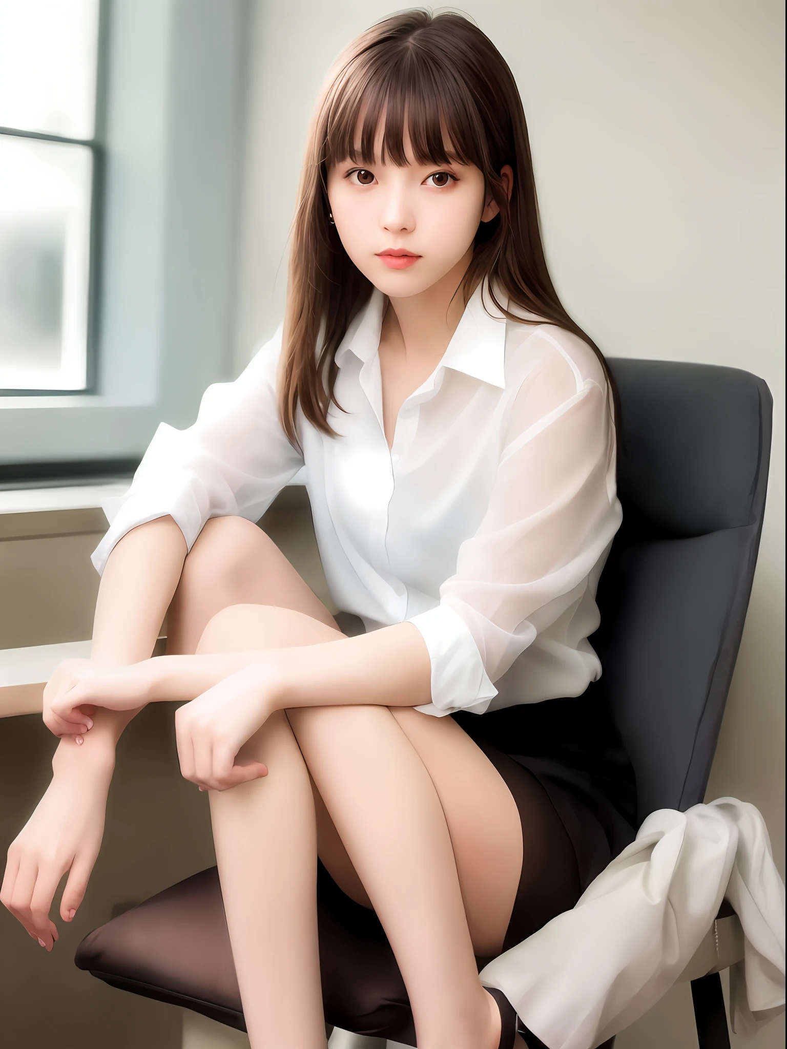 (8K, RAW Photography, Best Quality, Masterpiece: 1.2), (Realistic, Photorealistic: 1.37), Best Quality, Ultra High Resolution, Photon Mapping, Radiosity, Physically Based Rendering, Blur, Foreground, Depth of Field, Blurred Background, Photo_\ (Medium), Motion Blur, Girl, (Full Body), Sitting on a Chair of the Machine, Sitting with Open Legs, long legs, slender legs, long hair, bangs, (bangs visible), hair_ornament, lips, hair clip, solo, brown_eyes, nosesoft, sheer white blouse, miniskirt, stockings, loafers,