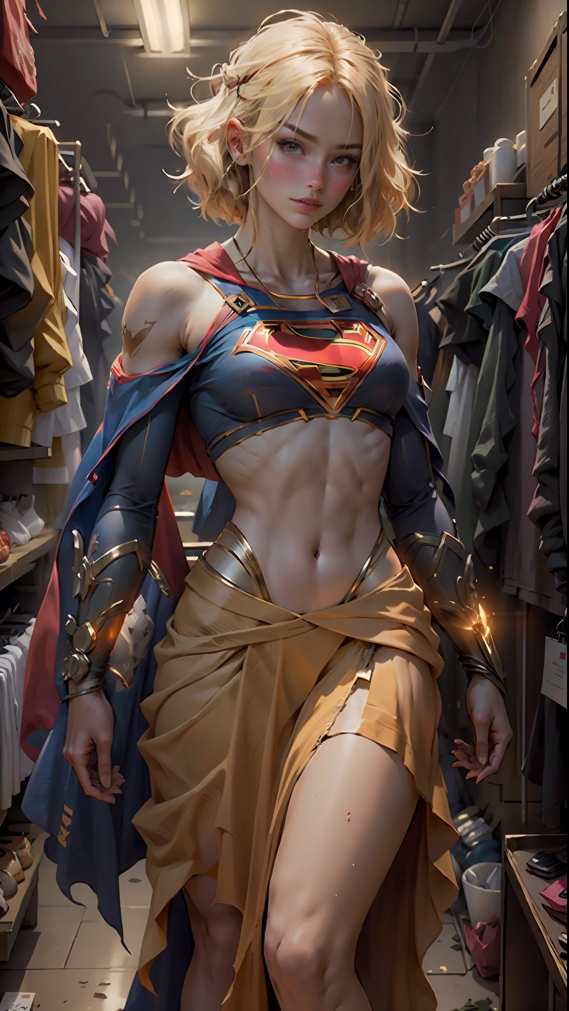 Beautiful woman short hair defined body big breasts, wearing Supergirl cosplay