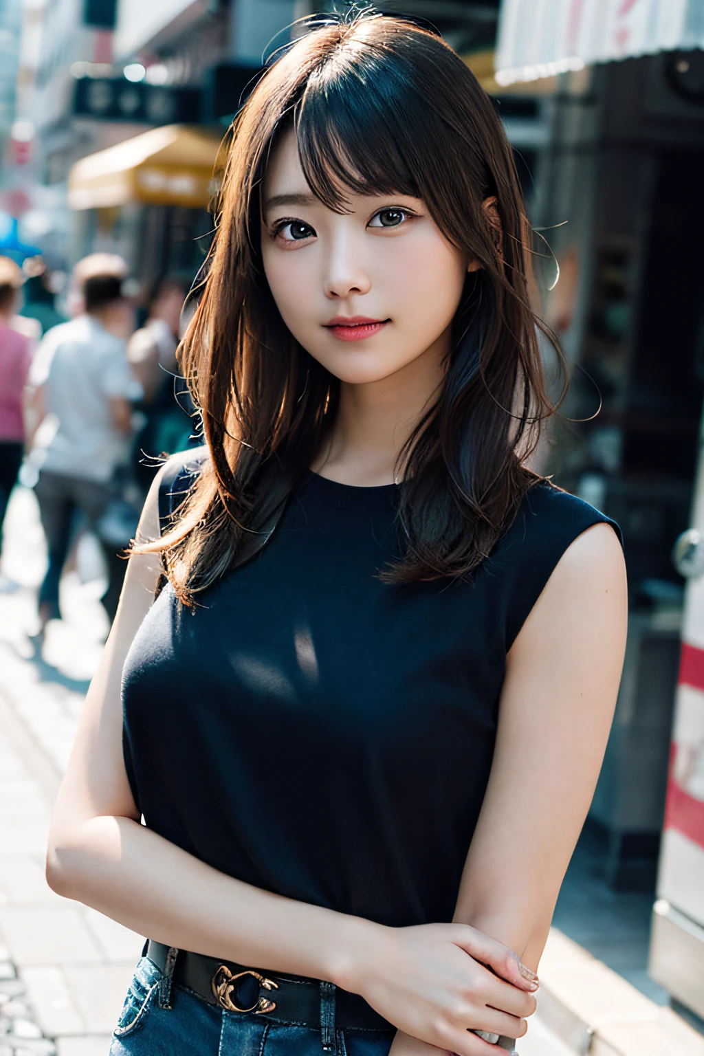 (8K、Raw photography、beste Quality、masterspiece:1.2)、(Realstic、photorealestic:1.37)、Ultra detailded、ultra-highres、女の子1人、see the beholder、Beautiful detailed face、smile on face、Constriction、(Slim waist) :1.3)、shirts、Beautiful detailed skin、Skin texture、Floating hair、Professional lighting、In the street、upper-body