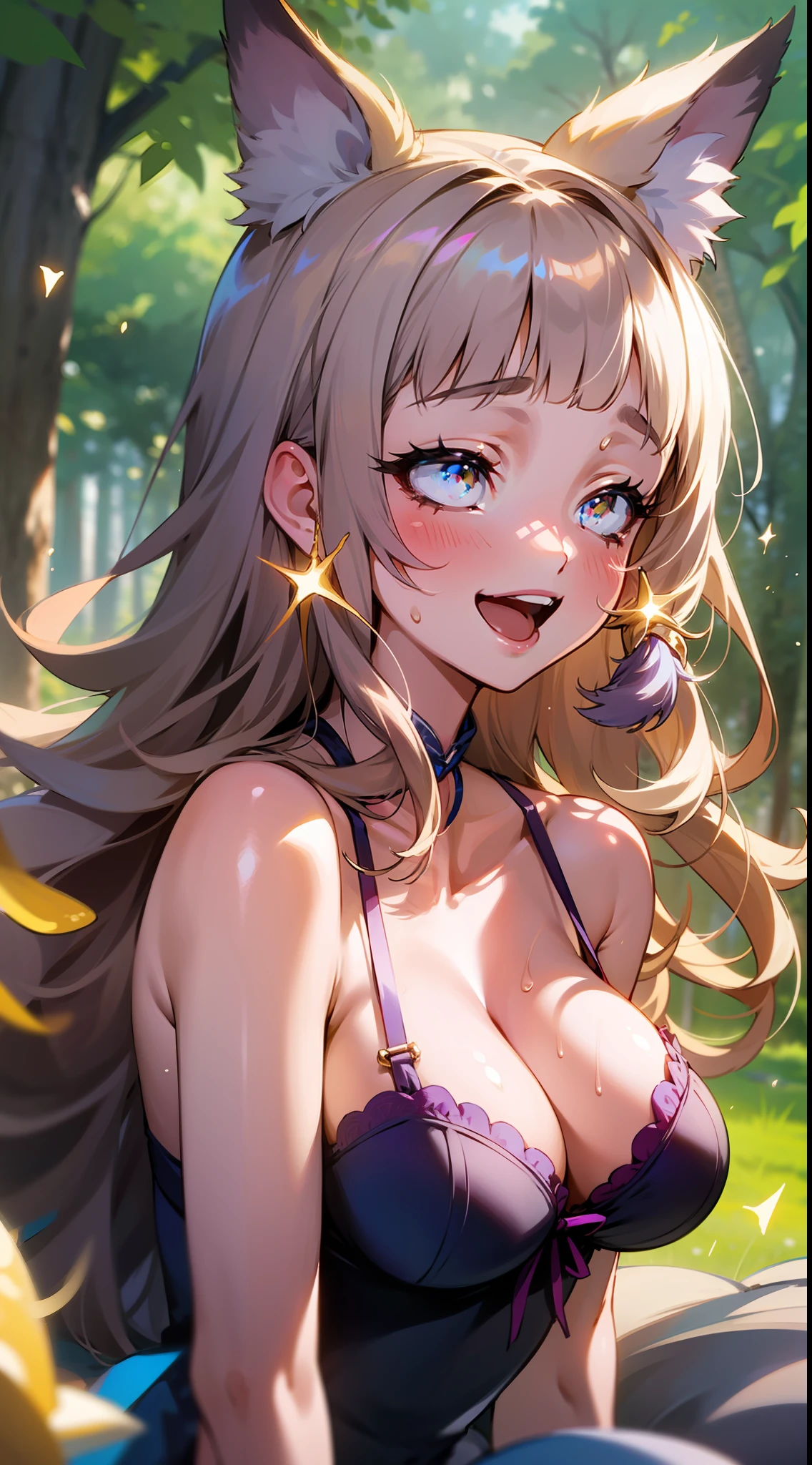 (pretty:1.5), magical princess, (adult), striking image, artistic composition, emotional, active, motion, particles,masterpiece,highest quality,1girl,(close up), magical, beautiful dress, sparkles, starburst effect, motion blur, field of view, dramatic angle, (golden hair:1.1), 1girl, wolf ears, intricate bra:0.8,moderate breast, (ayaka:1.2), cleavage:0.8, (canine tooth:0.4), resting under tree, back rest on tree's trunk, sweaty, fullfiled smile, open mouth