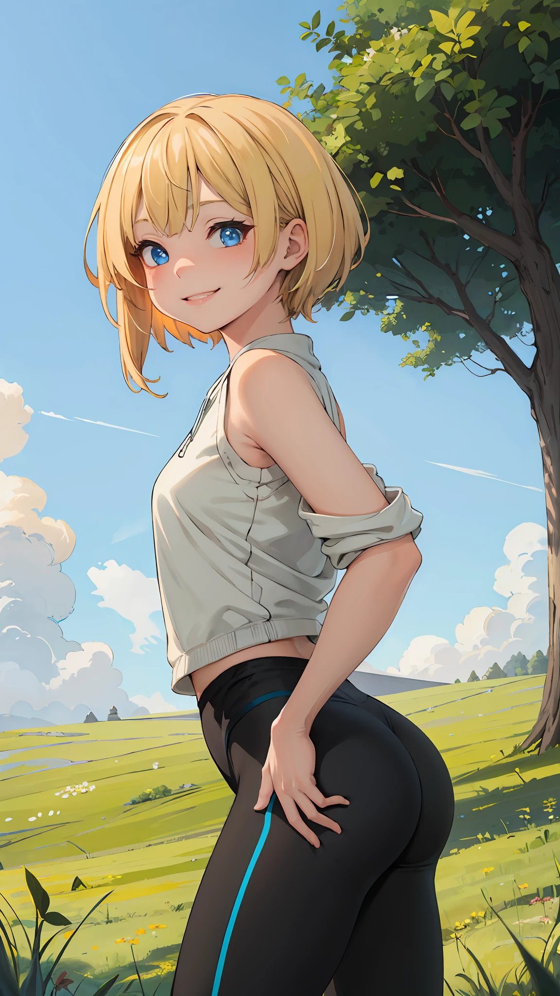 best quality, masterpiece, small breasts, smile, sweatshirt, leggings, outdoors, alone, anime style, grass field, daytime, blue sky, blue eyes, detailed eyes, medium hair, blonde hair, loose hair, bangs, ass,