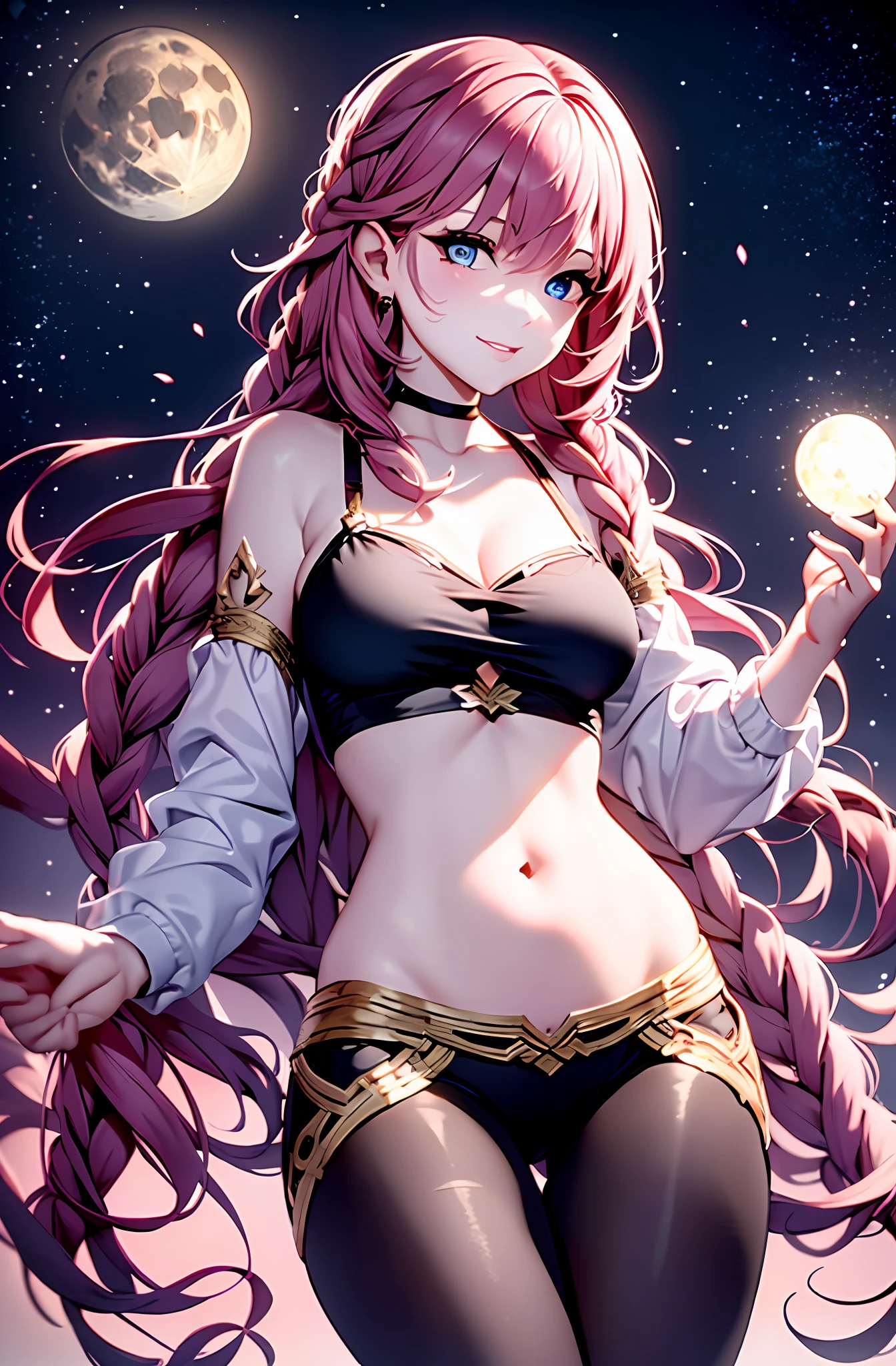 Portrait Art 15。Pink hair。length hair。pleats skirt。Camisole。耳环。e7 Tenebria, Pink hair, two long thin braids, lender body, Thin, cheeky face, Small breasts,Blue eyes, Black pants, white short blouse, showing belly, flat abdomen, Starry Night, under the moon, holding an orb of light, (Maste Piece), Best Quality, high resolucion, 4K, 8K, detailed illustration, with intricate details, Cinematic lighting, amazing quality, 1girls, fit female, amazing shading, Soft lighting, facing camera, Perfect eyes