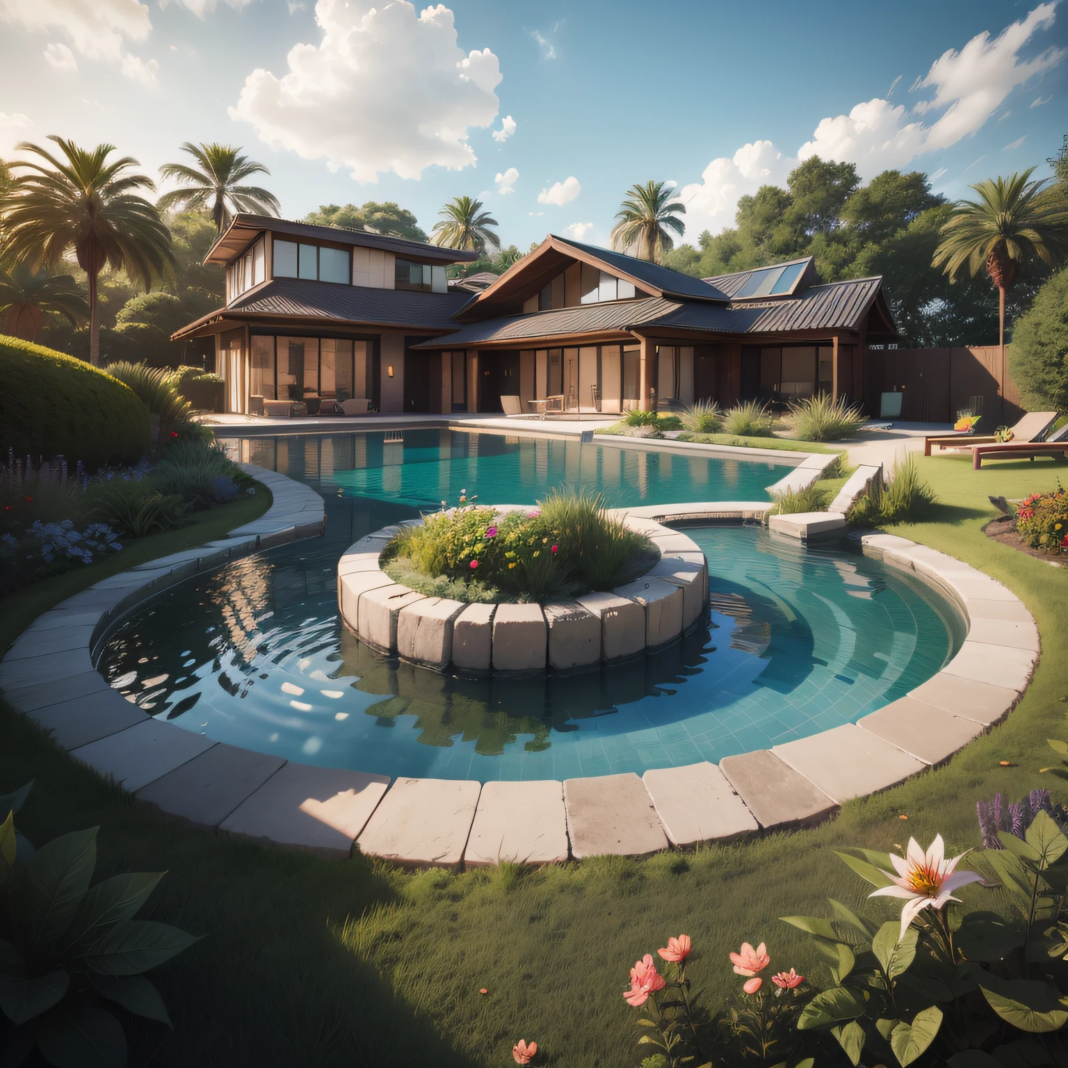 Organic modern architecture on a fairly large plot, de , Large complex of paddle fields there is a swimming pool in the middle of a large house of a flower, cor da casa em vigas marrom chocolate e preto, large modern residence, telhados planos e jardim, render luxcore, renderizar oktane, a photorealistic rendering, architectural render, mantra rendering, architectural render, lifelike rendering, architectural visualisation, piscina de bem-estar, architectural visualisation,  Large green areas, com pequenas zonas de flores de lavanda, arbustos verdes tipo exuberante jardim verde, as well as small water mirrors, swimming pool embedded in an area of sand, oliveiras e pinheiros ao redor da casa, quadra de padel ao lado da casa