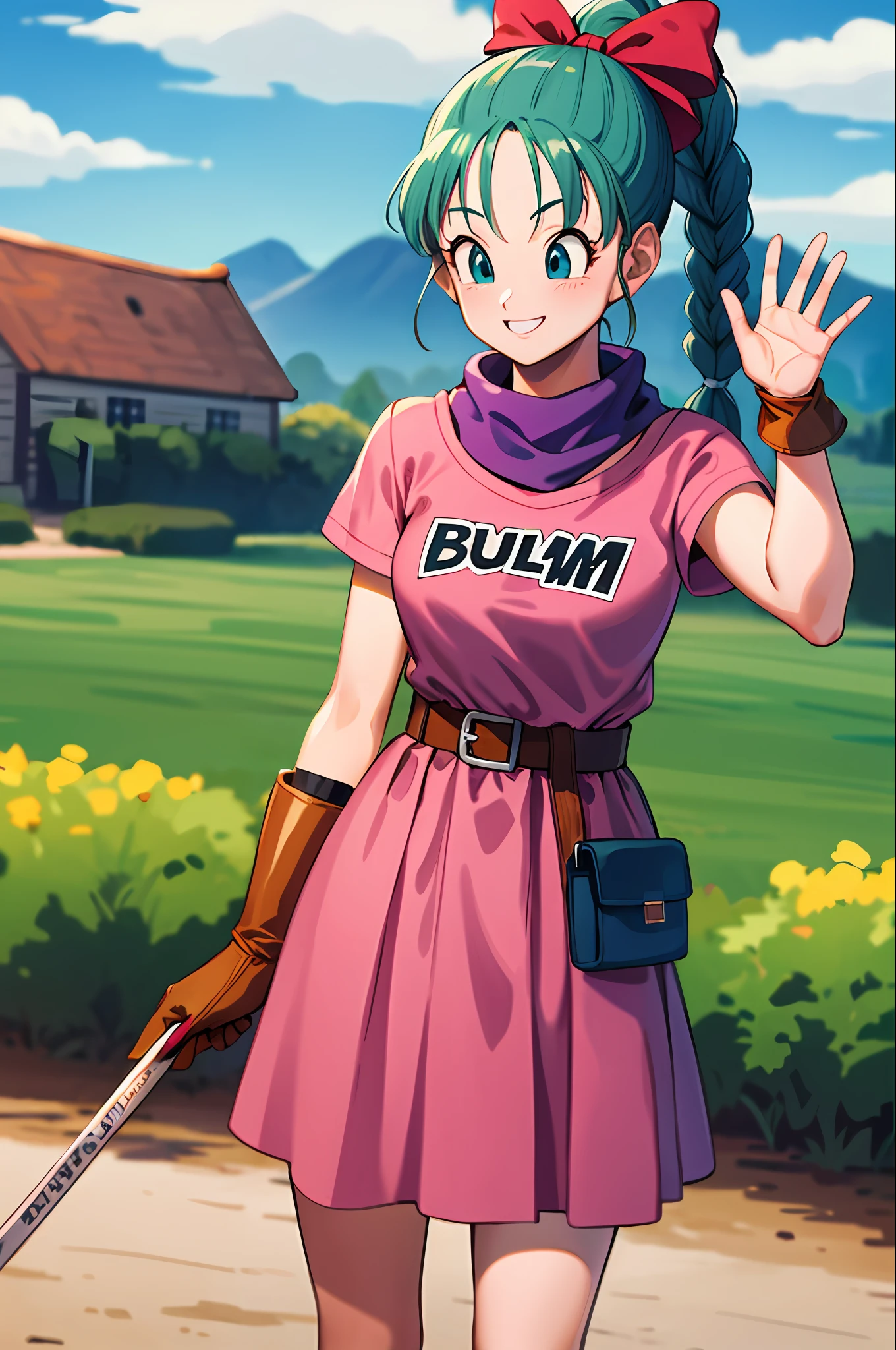 masterpiece, best quality, highres, dragon ball, blmpony, aqua hair, hair ribbon, braided ponytail, pink shirt, belt, scarf, pink skirt, clothes writing, brown gloves, medium breasts, outdoors, cowboy shot, waving, smile