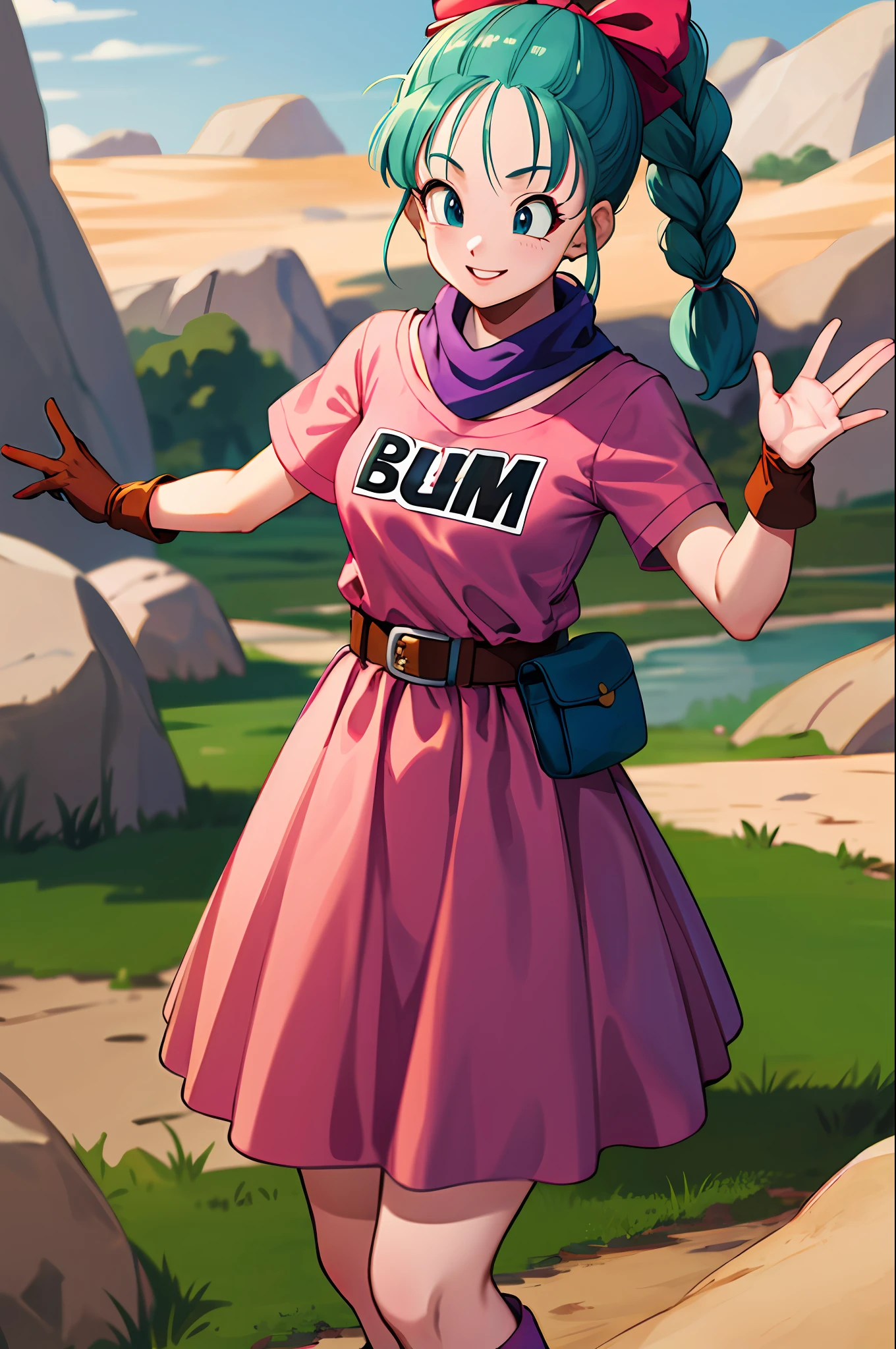 masterpiece, best quality, highres, dragon ball, blmpony, aqua hair, hair ribbon, braided ponytail, pink shirt, belt, scarf, pink skirt, clothes writing, brown gloves, medium breasts, outdoors, cowboy shot, waving, smile