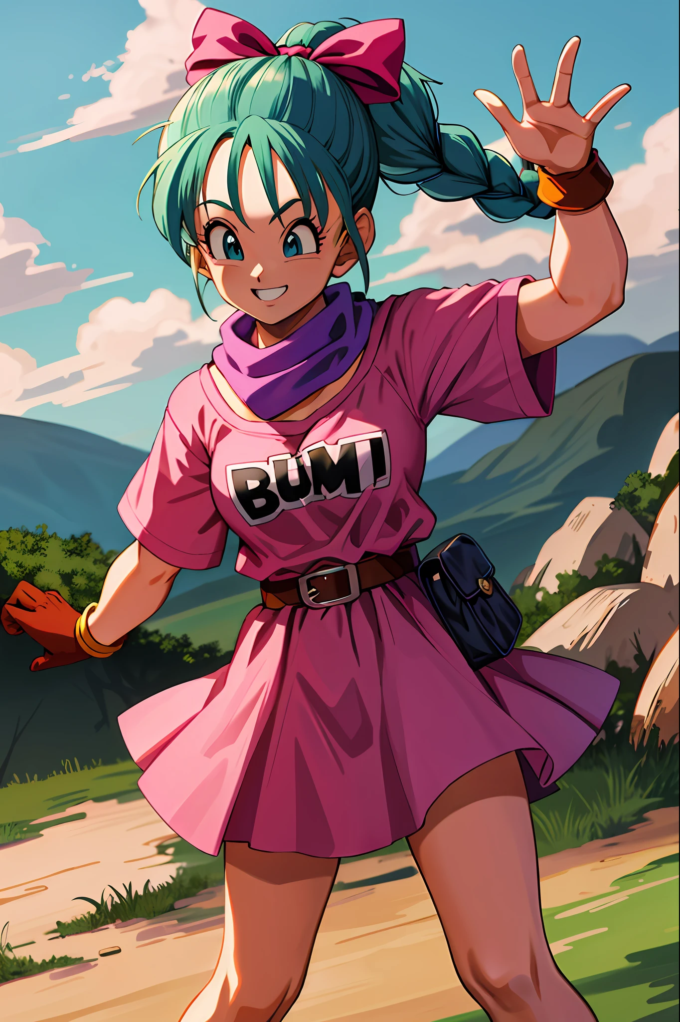 masterpiece, best quality, highres, dragon ball, blmpony, aqua hair, hair ribbon, braided ponytail, pink shirt, belt, scarf, pink skirt, clothes writing, brown gloves, medium breasts, outdoors, cowboy shot, waving, smile