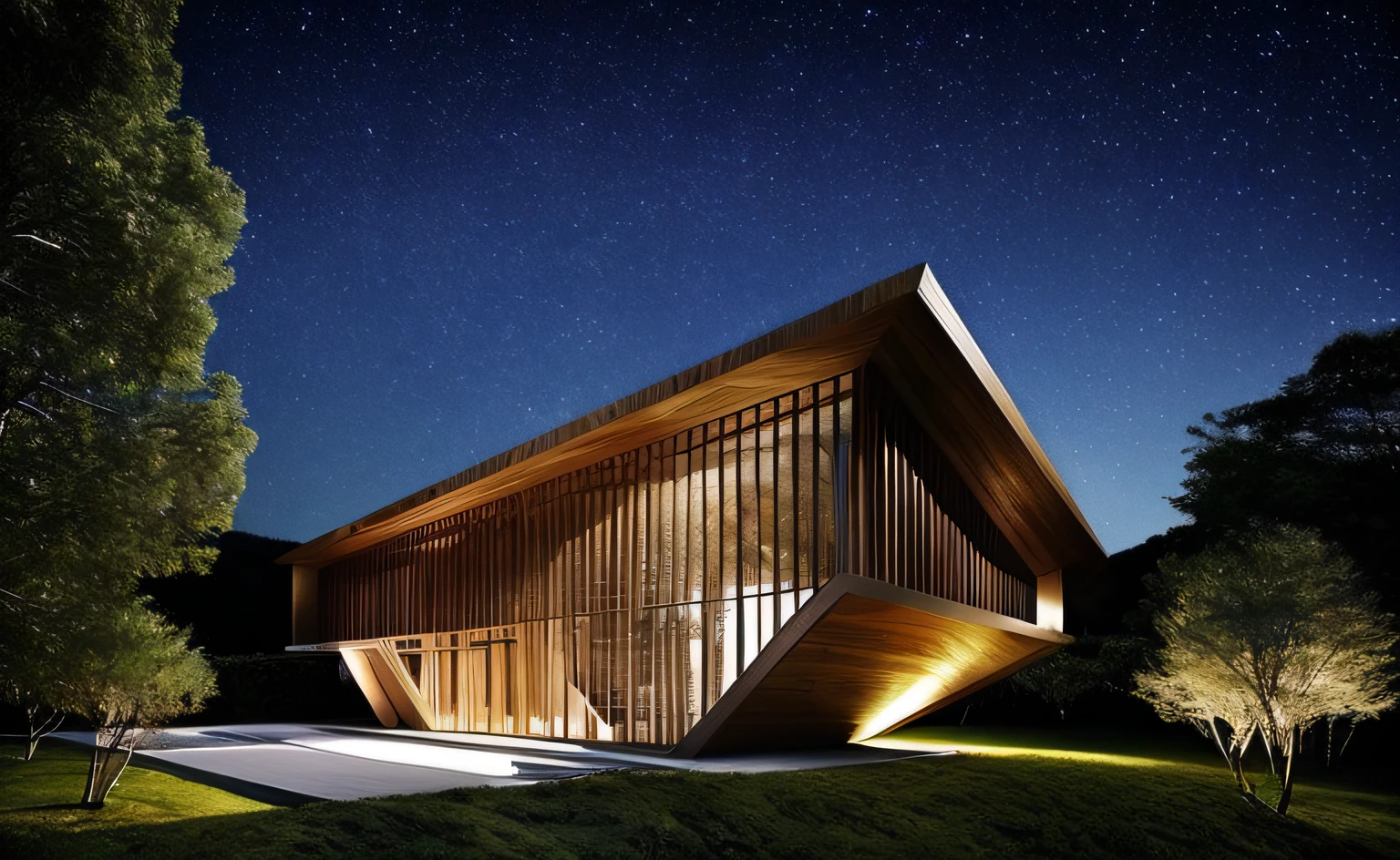 ((obra-prima, melhor qualidade)), 16k, estilo de arquitetura futurista, organic architecture, Foto realista, Fantastic image , arquitectura inspirada em Zaida Hadid, Glass building body, foto hiper detalhada, single box, A 3D digital rendering of a building, glass building some wood, Leansflare, body of water, Night view with starry sky and full moon , Hiperealista, trees around