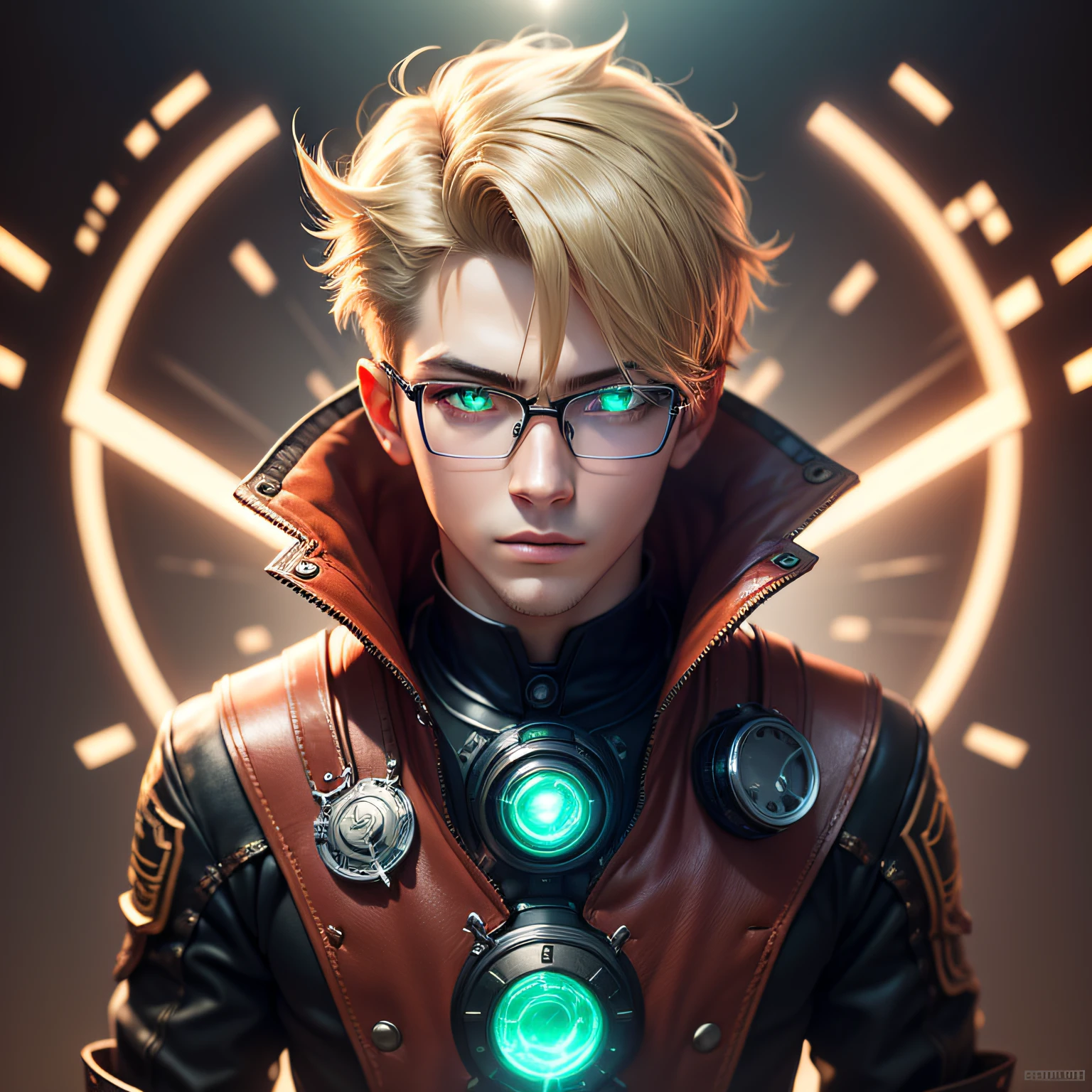 19 year old male, dark blonde hair, glowing green eyes, high tech glasses, academic steampunk version outfit, anime, anime style, futurism, surrealism, cinematic lighting, depth of field, bright light, optical illusion, 1080P, disco Rigid, Anatomically Correct, High Details, Best Quality --auto